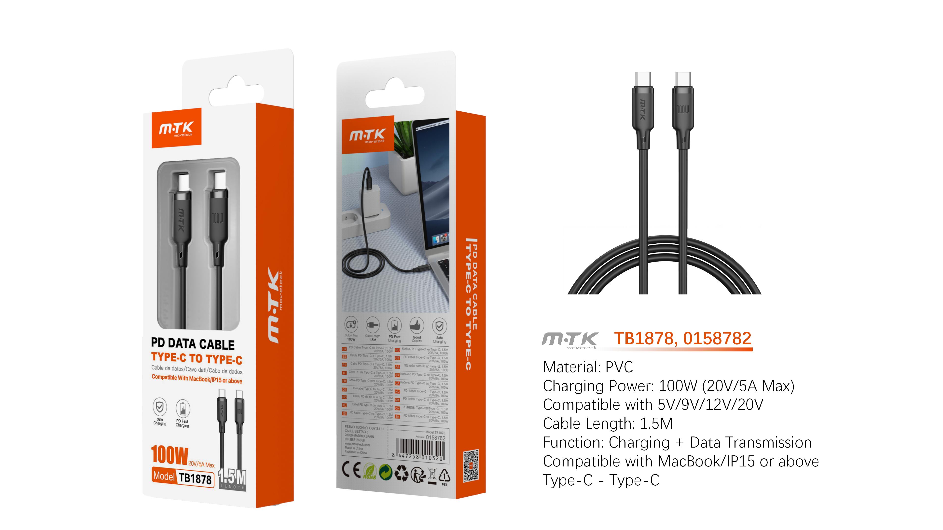 TB1878 NE Cable de Datos Orvion con carga rapida para Type-C a Type-C  100W/20V/5A/1.5M, Negro