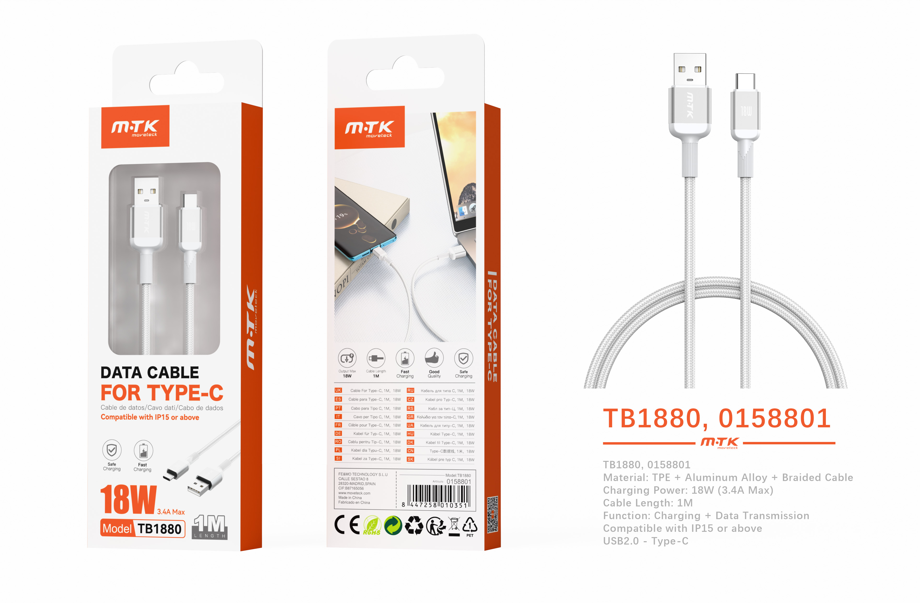 TB1880 BL Cable de datos Blarkon aluminio trenzado para Type-C, 18W/3.4A, 1M, Blanco