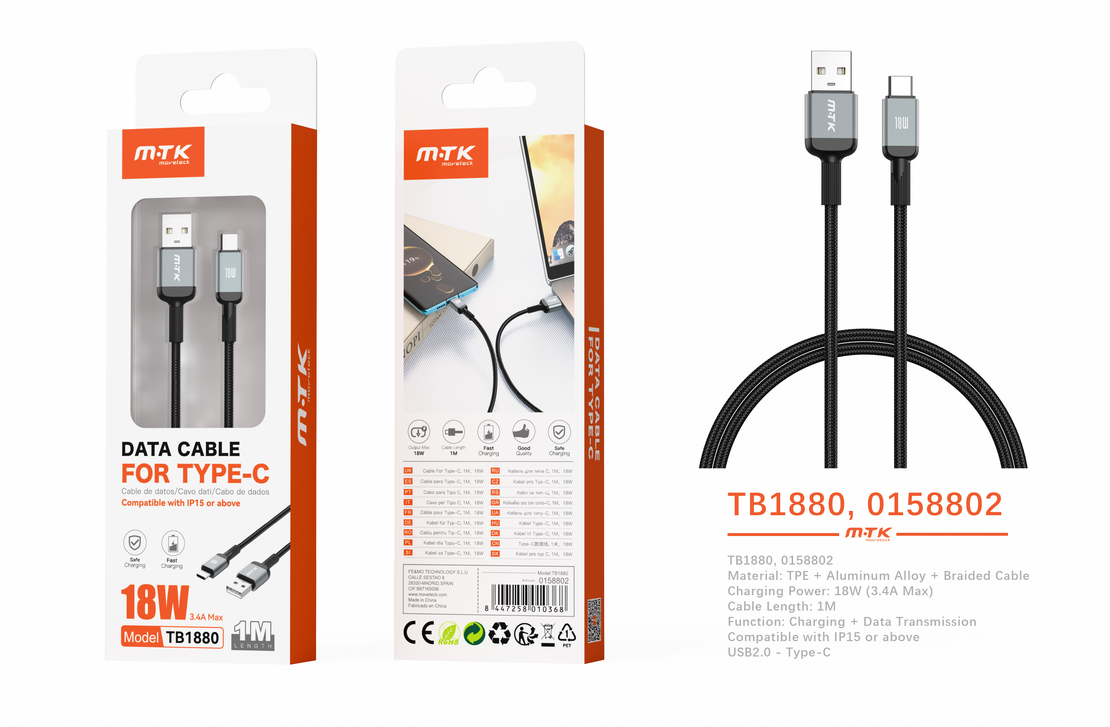 TB1880 NE Cable de datos Blarkon aluminio trenzado para Type-C, 18W/3.4A, 1M, Negrois