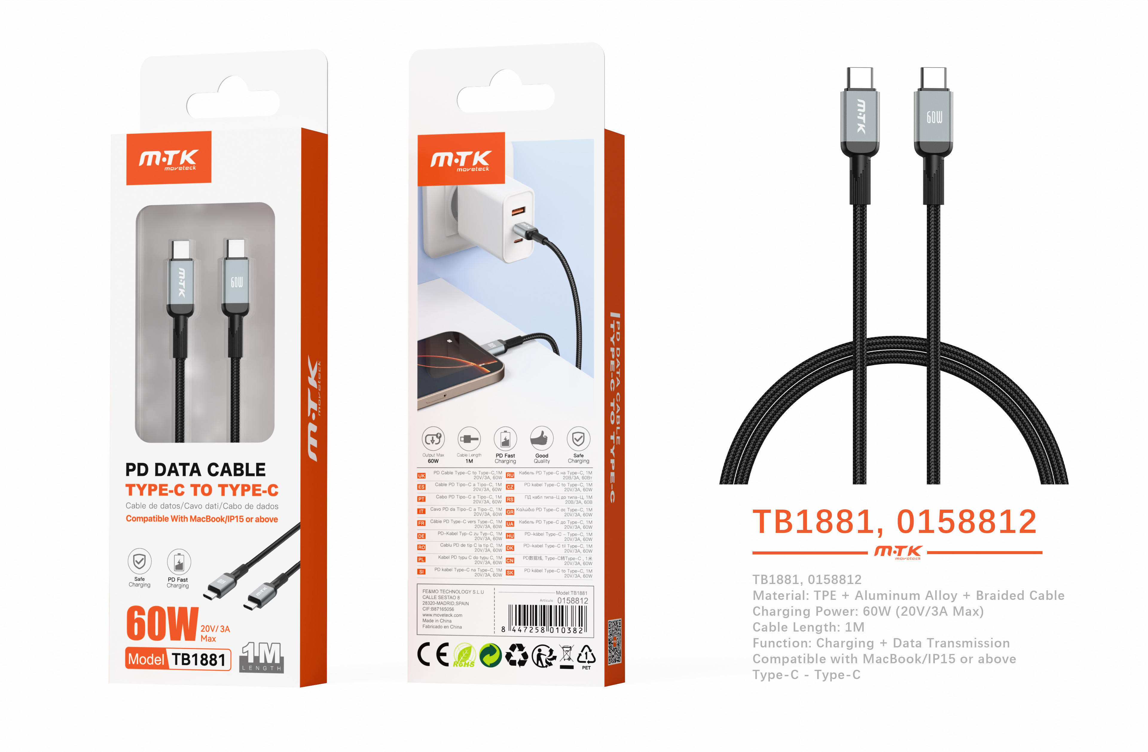 TB1881 NE Cable de datos Blarkon aluminio trenzado para Type-C a Type-C con carga rapida PD, 60W/20V/3A, 1M, Negrois