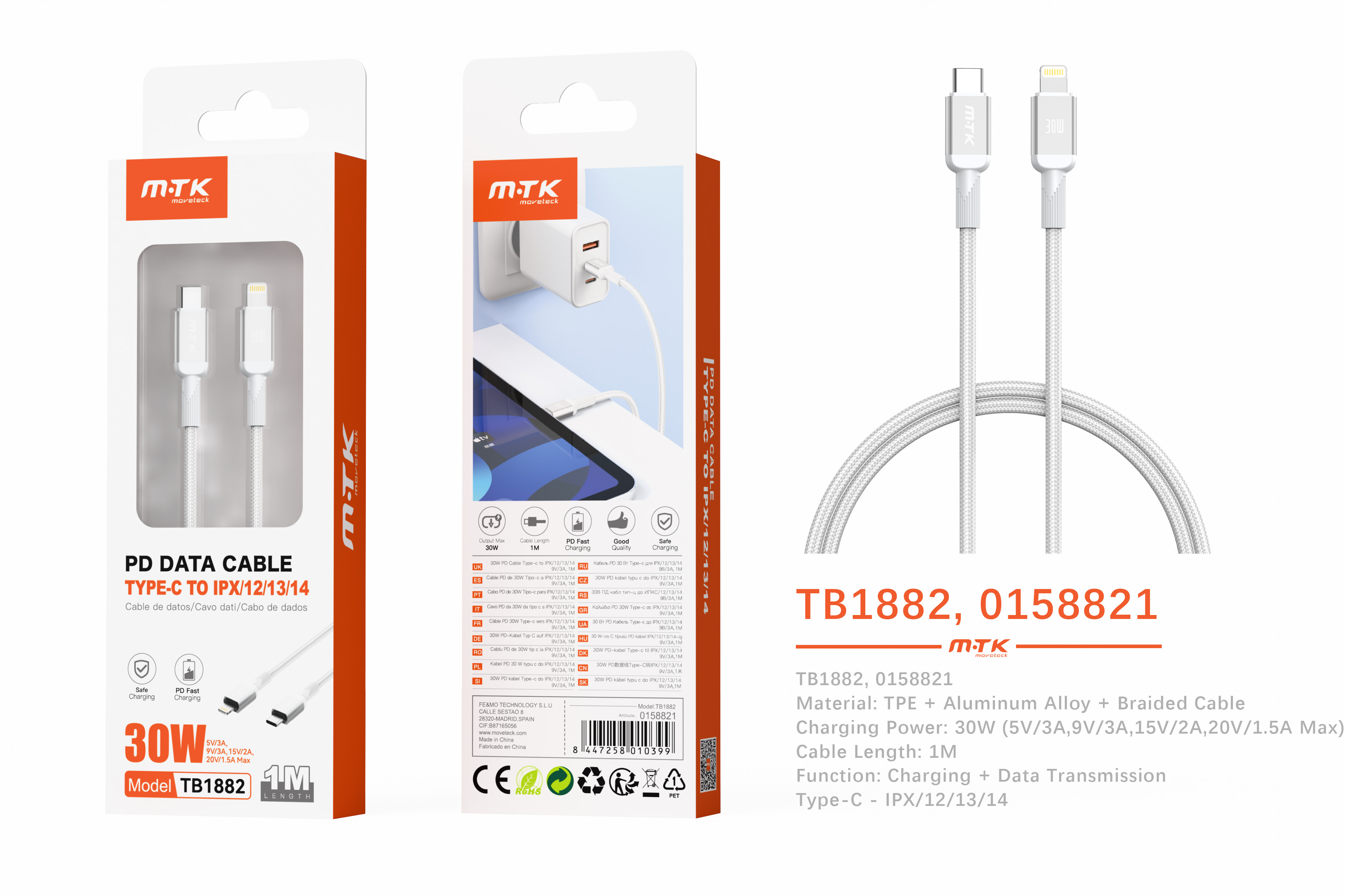 TB1882 BL Cable de datos Blarkon aluminio trenzado para Type-C a Iphone 5-14 con carga rapida PD, 30W/9V/3A, 1M, Blanco