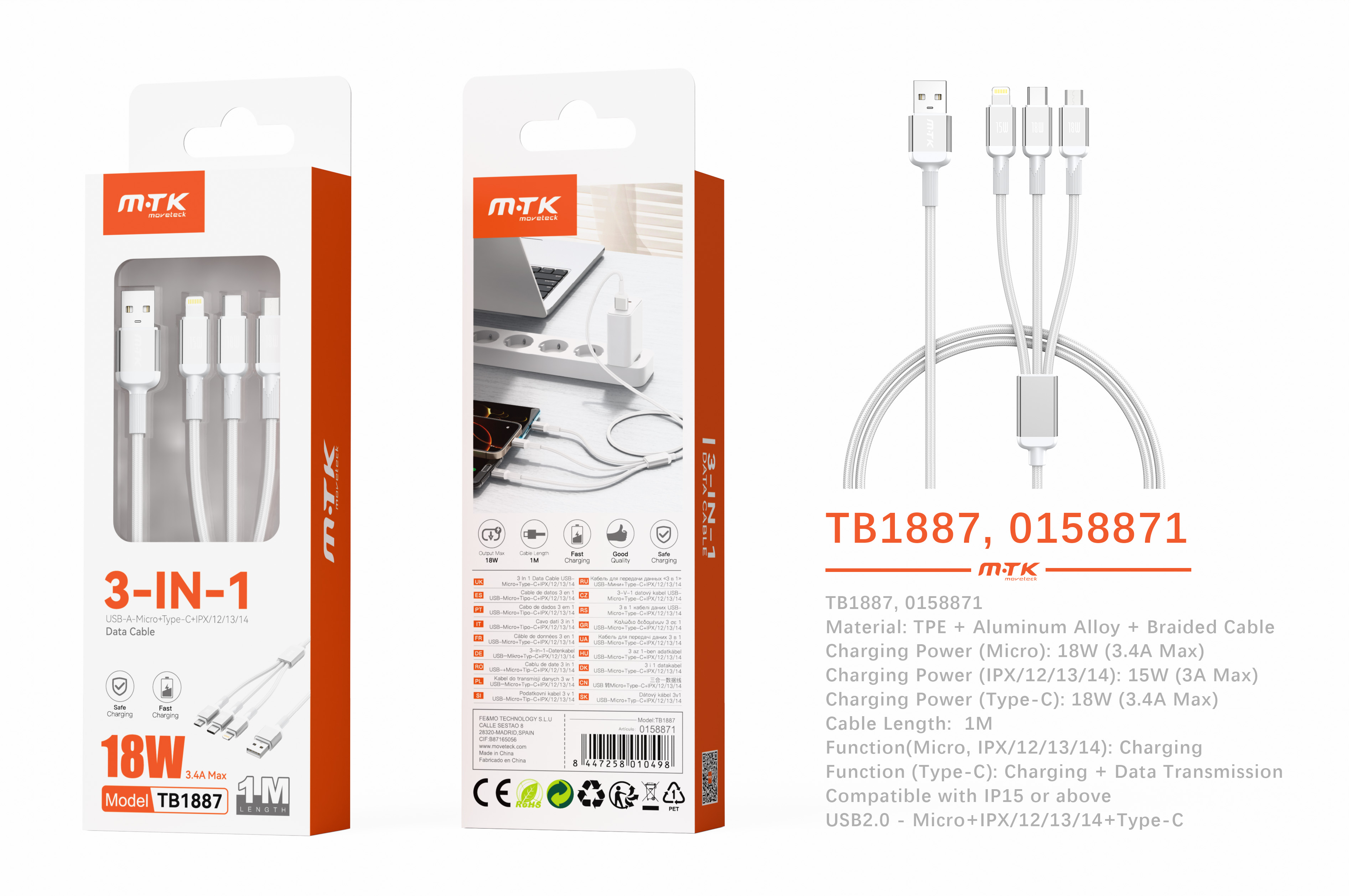 TB1887 BL Cable de datos 3 in 1 Blarkon aluminio trenzado USB-A a Micro 18W+Iphone 15W+Type-C 18W, 1M, Blanco