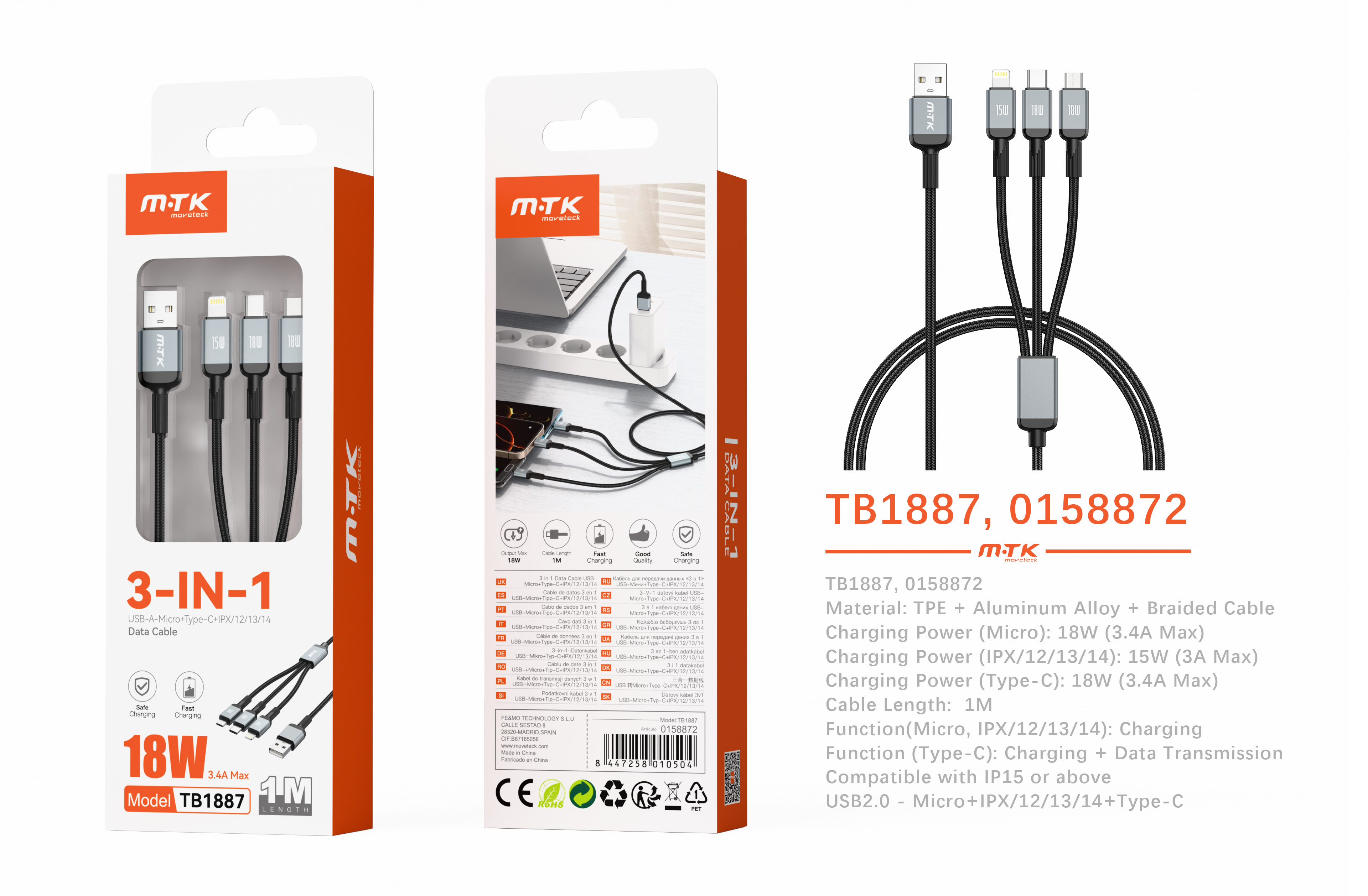 TB1887 NE Cable de datos 3 in 1 Blarkon aluminio trenzado USB-A a Micro 18W+Iphone 15W+Type-C 18W, 1M, Negro