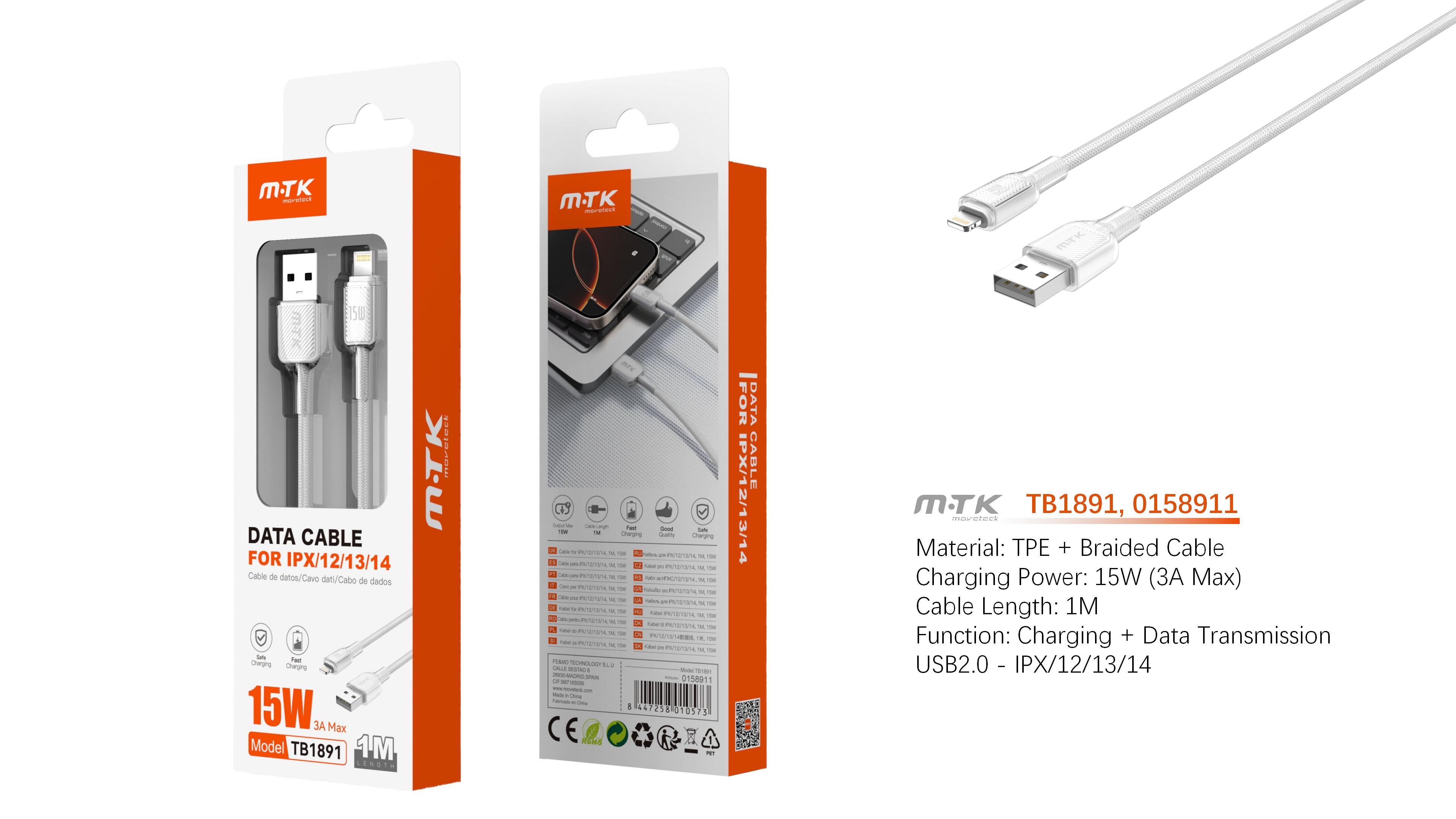 TB1891 BL Cable de Datos trenzado Lazric para Iphone 5-14  15W/3A/1M, Blanco