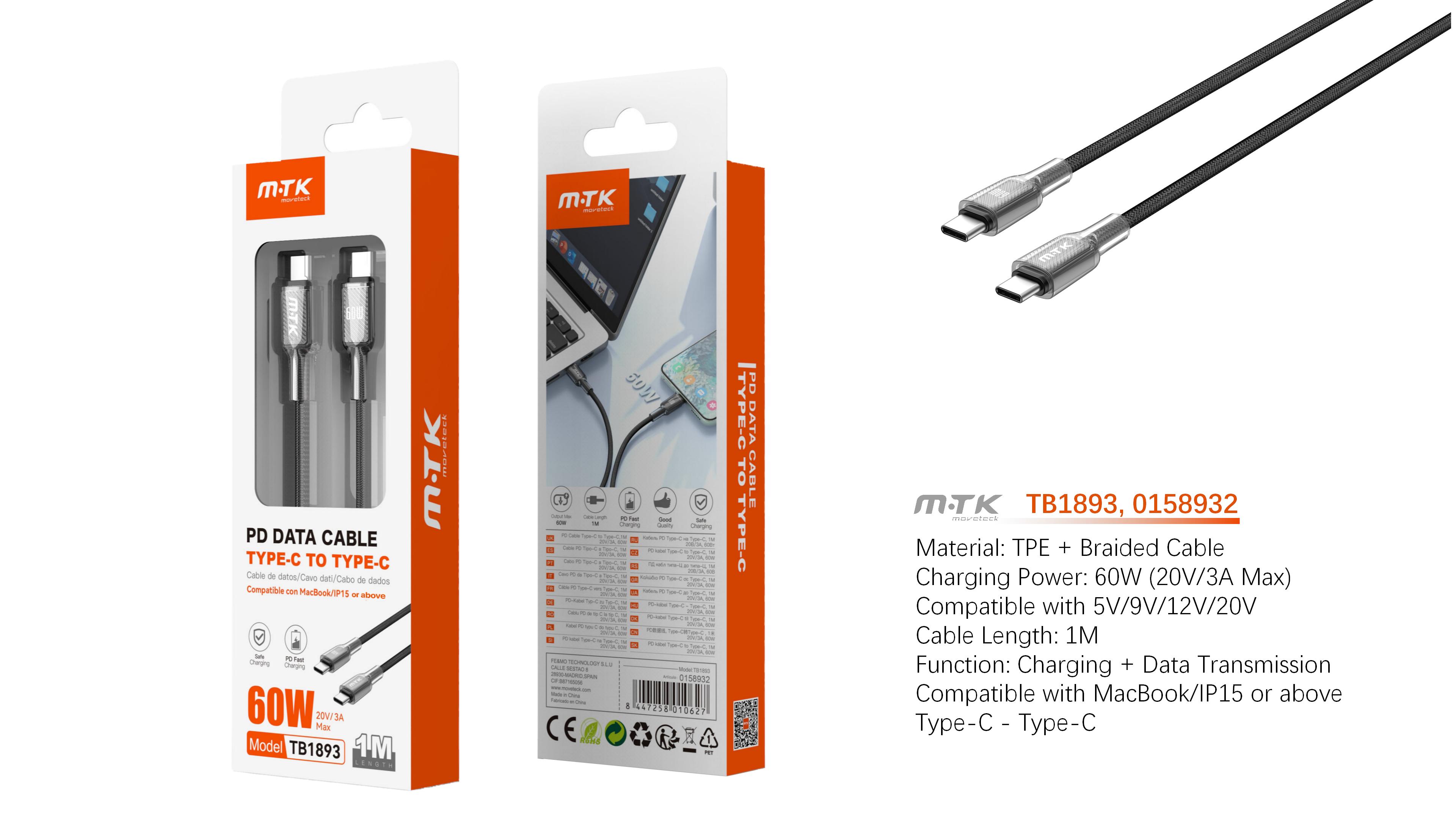 TB1893 NE Cable de Datos Lazric trenzado con carga rapida para Type-C a Type-C  60W/20V/3A/1M, Negro