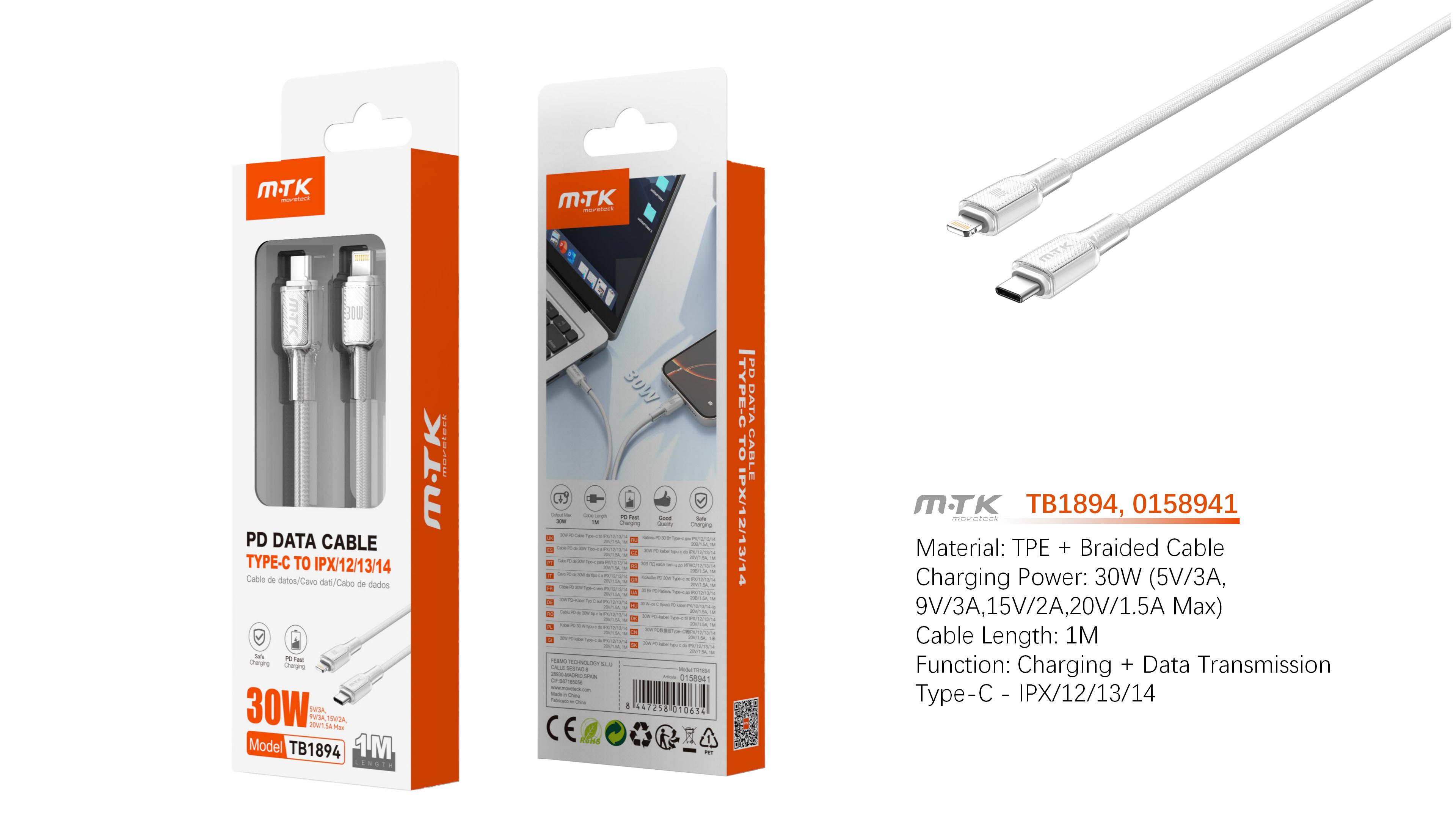 TB1894 BL Cable de Datos Lazric trenzado con carga rapida para Type-C a Iphone  30W/20V/1.5A/1M, Blanco