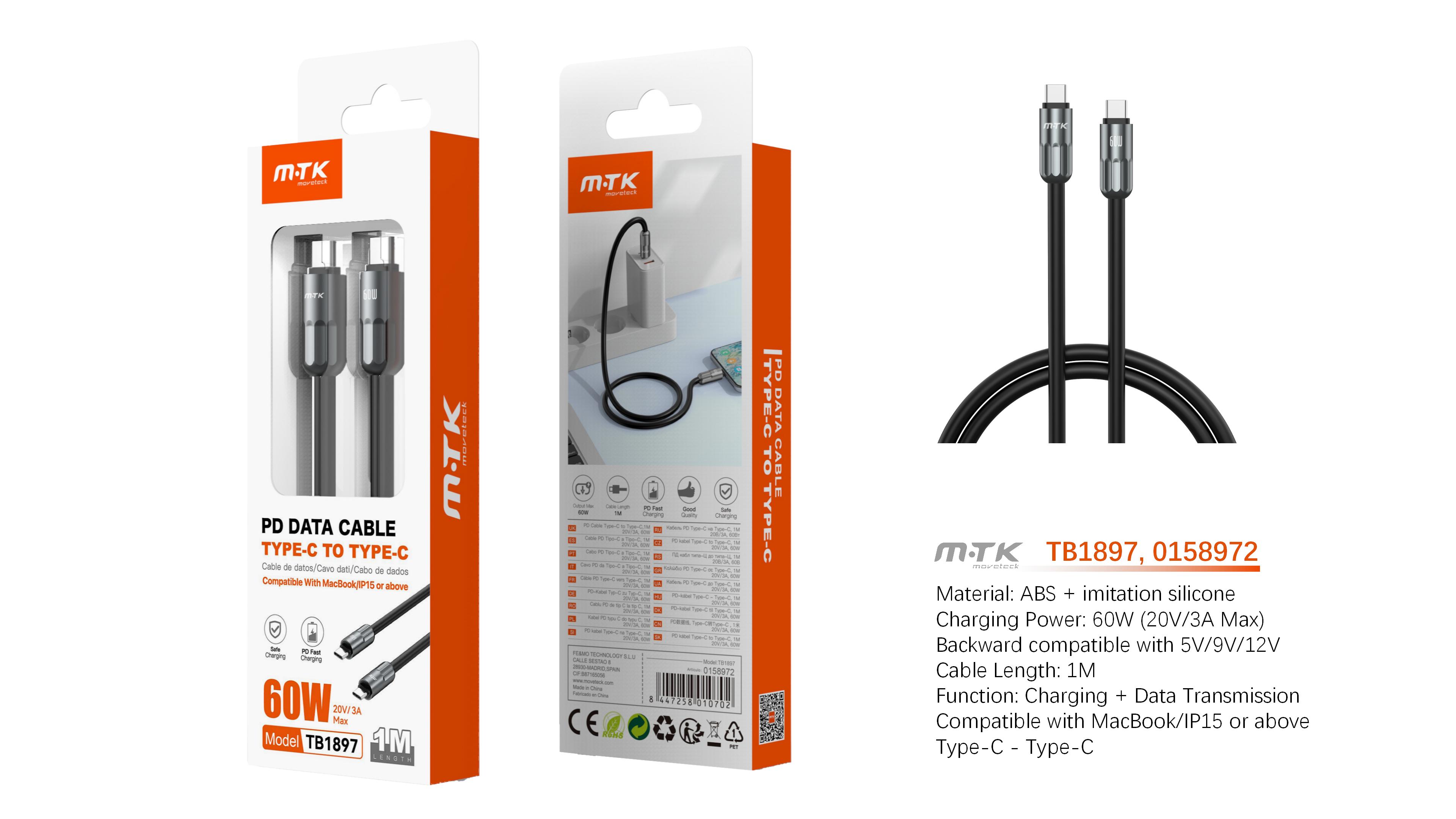 TB1897 NE Cable de Datos Caldris con carga rapida para Type-C a Type-C  60W/20V/3A/1M, Negro