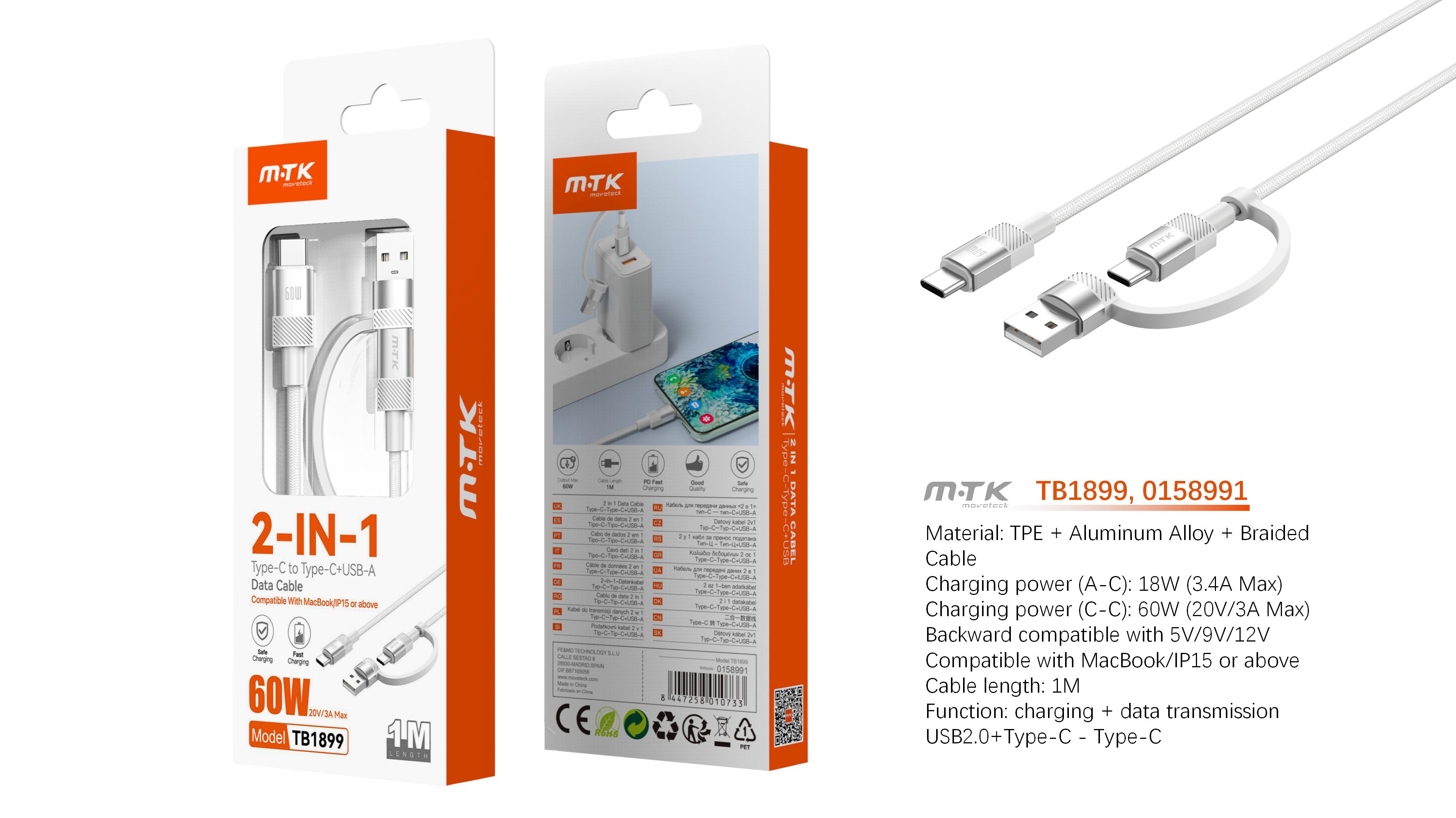 TB1899 BL Cable de Datos aluminio trenzado 2 en 1 Vex para Type-C/USB-A a Type-C   60W/20V/3A Max/1M