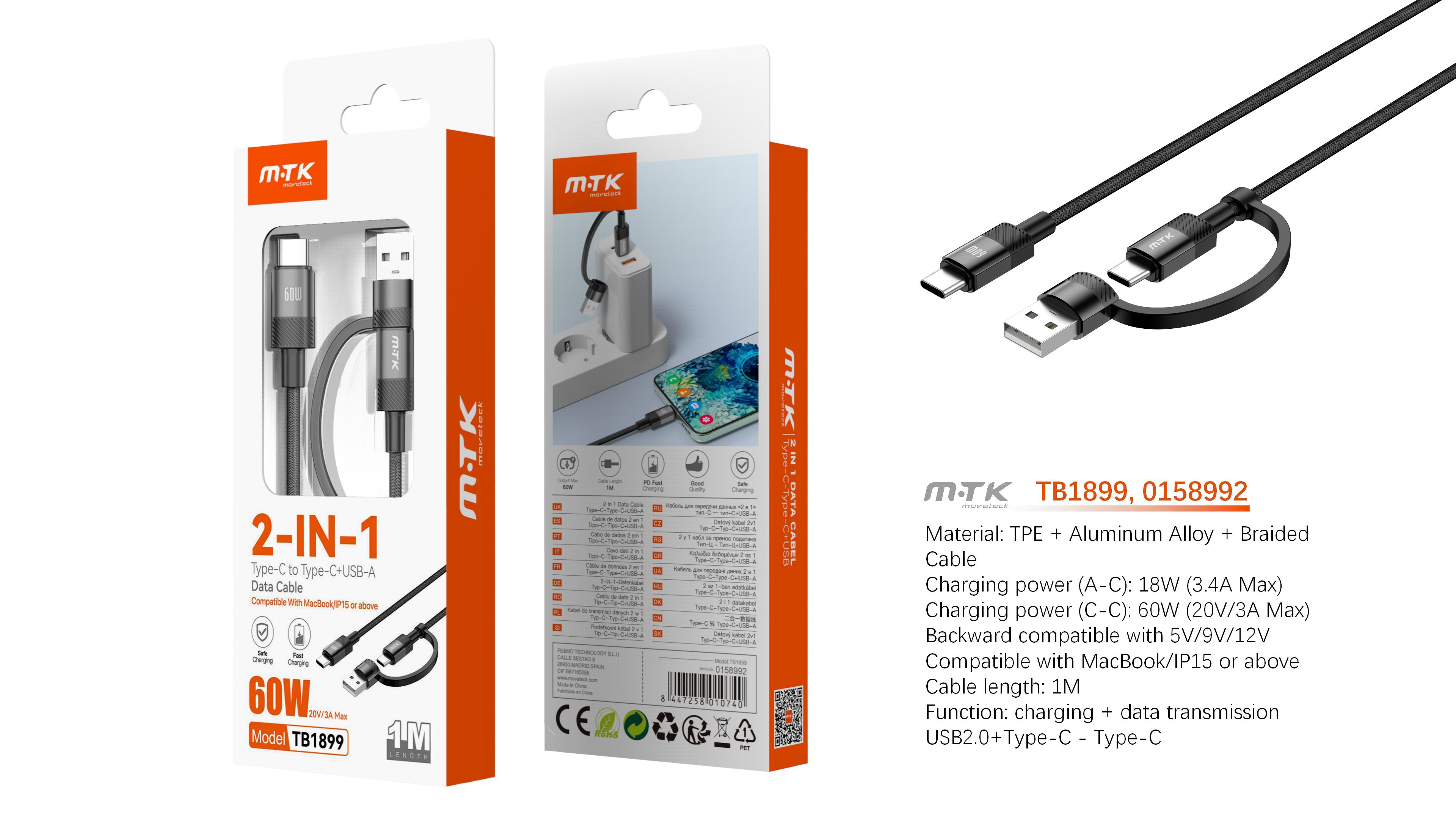 TB1899 NE Cable de Datos aluminio trenzado 2 en 1 Vex para Type-C/USB-A a Type-C   60W/20V/3A Max/1M