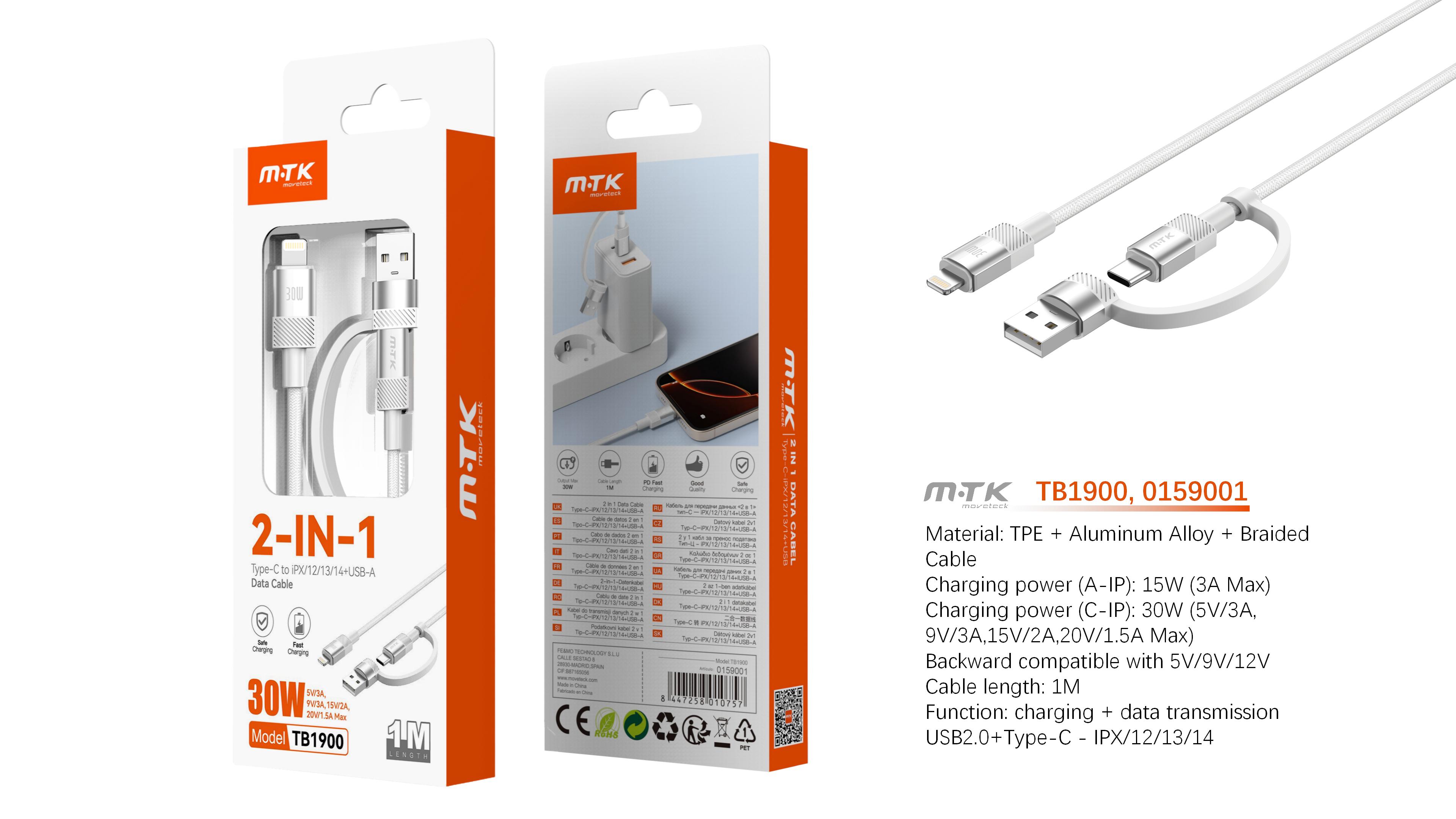 TB1900 BL Cable de Datos aluminio trenzado 2 en 1 Vex para Type-C/USB-A a Iphone   30W/20V/1.5A Max/