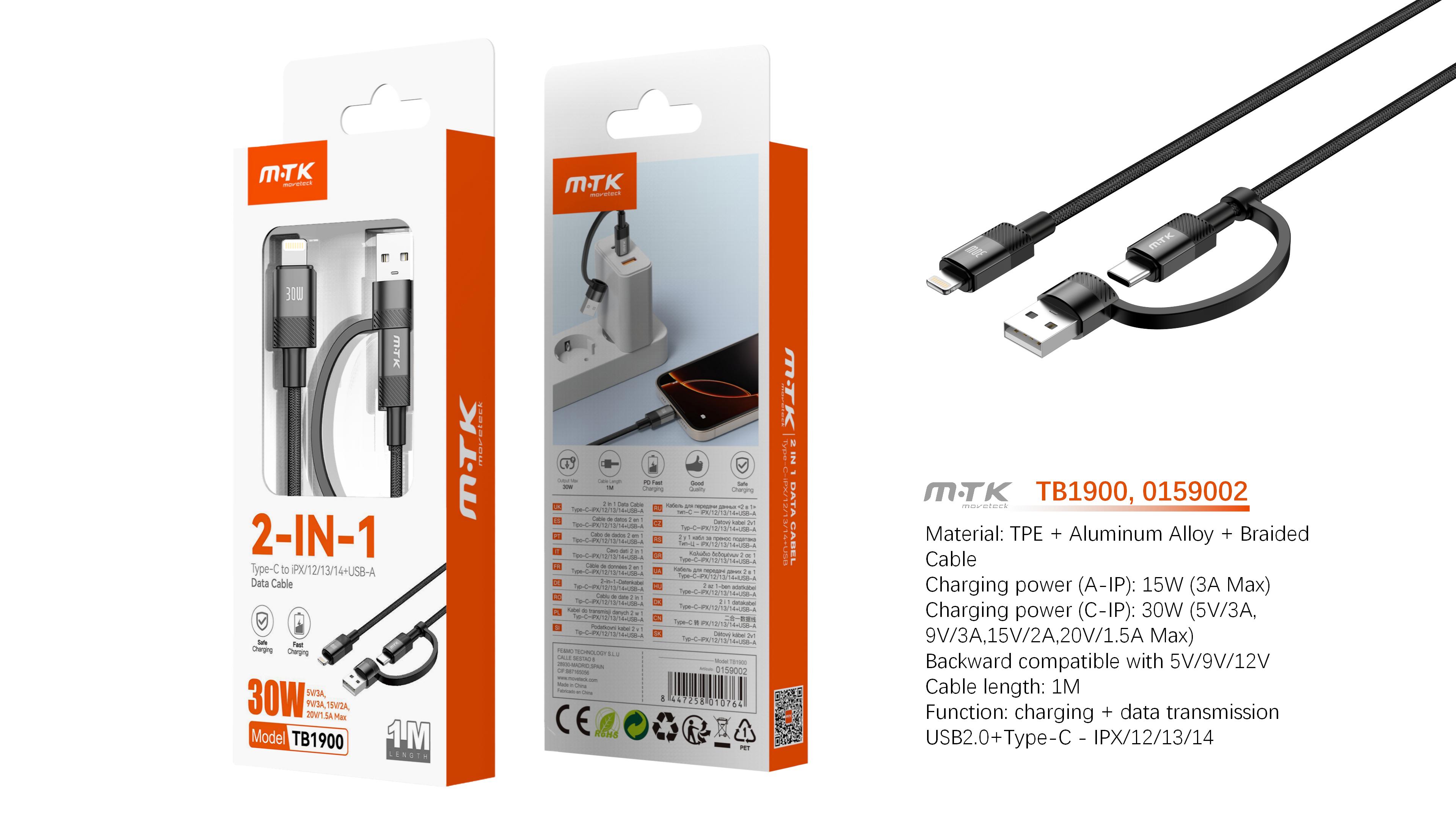 TB1900 NE Cable de Datos aluminio trenzado 2 en 1 Vex para Type-C/USB-A a Iphone   30W/20V/1.5A Max/