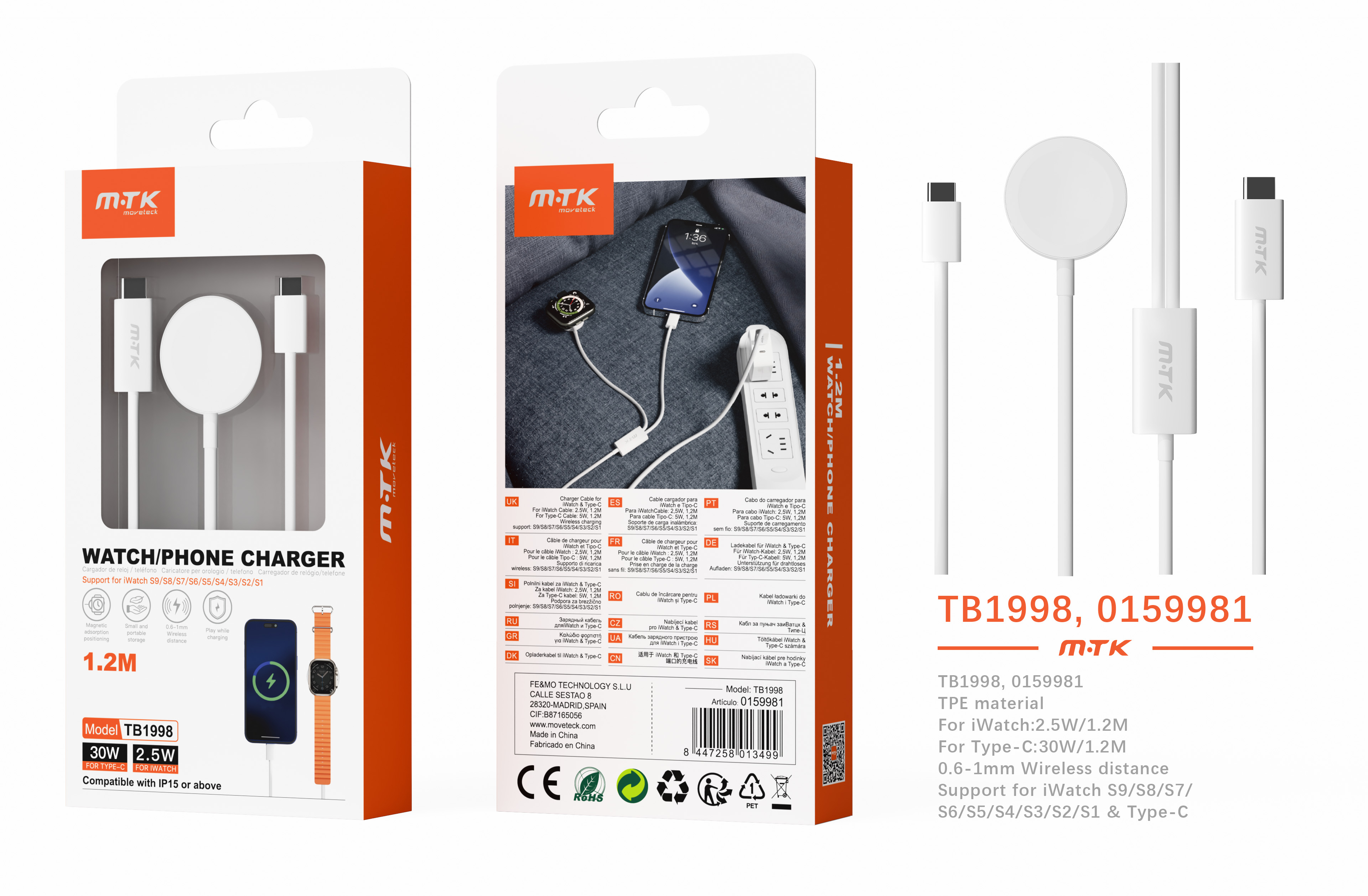 TB1998 BL Cable de Type-C con Cargador Magnetico 2 en 1 para I-Watch 2.5W+Cable Type-C 30W , Cable 1