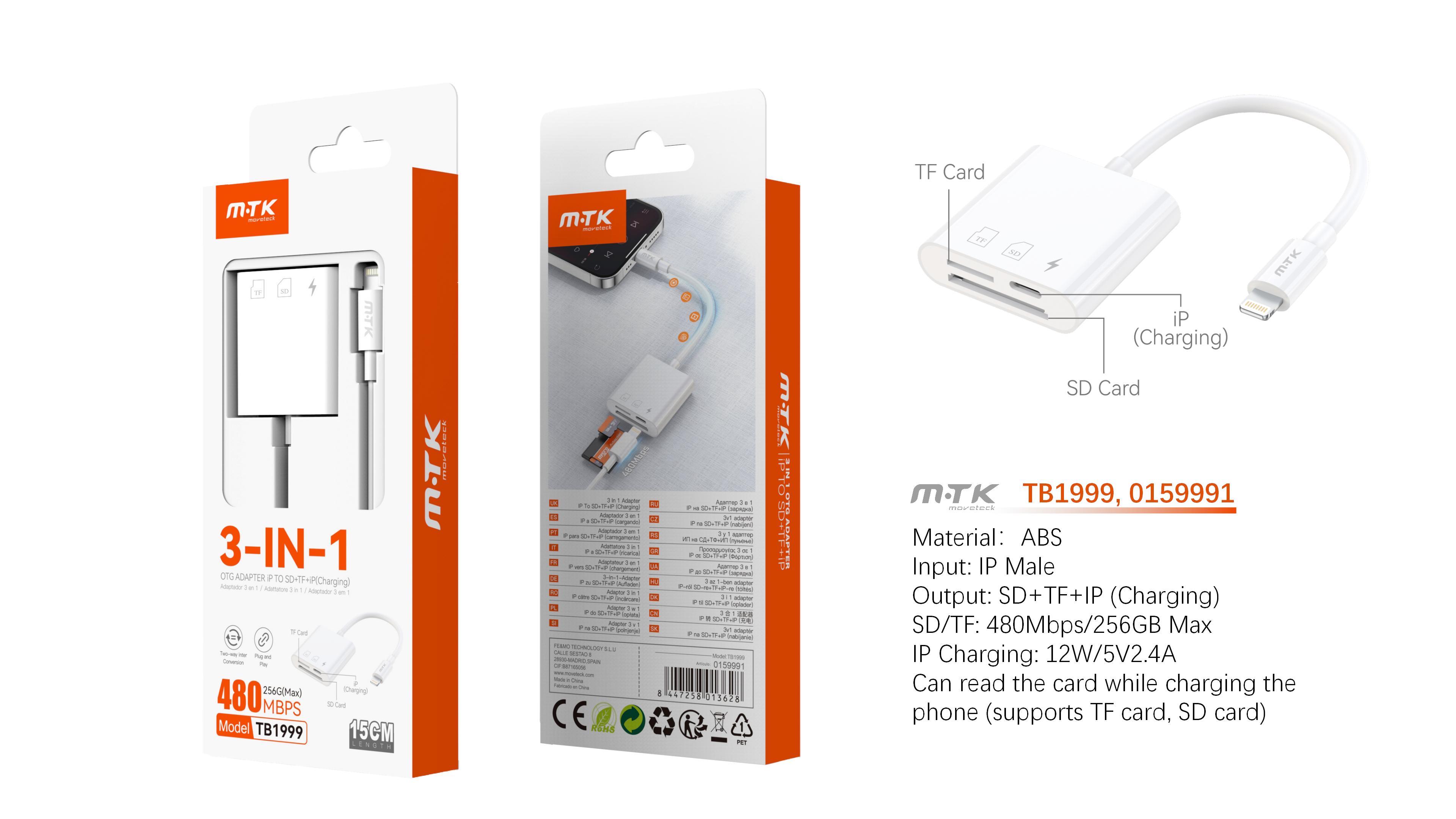 TB1999 BL Lector de tarjeta OTG 3 en 1, Iphone a SD+TF+Carga£¬ 12W/5V/2.4A/15cm, Blanco