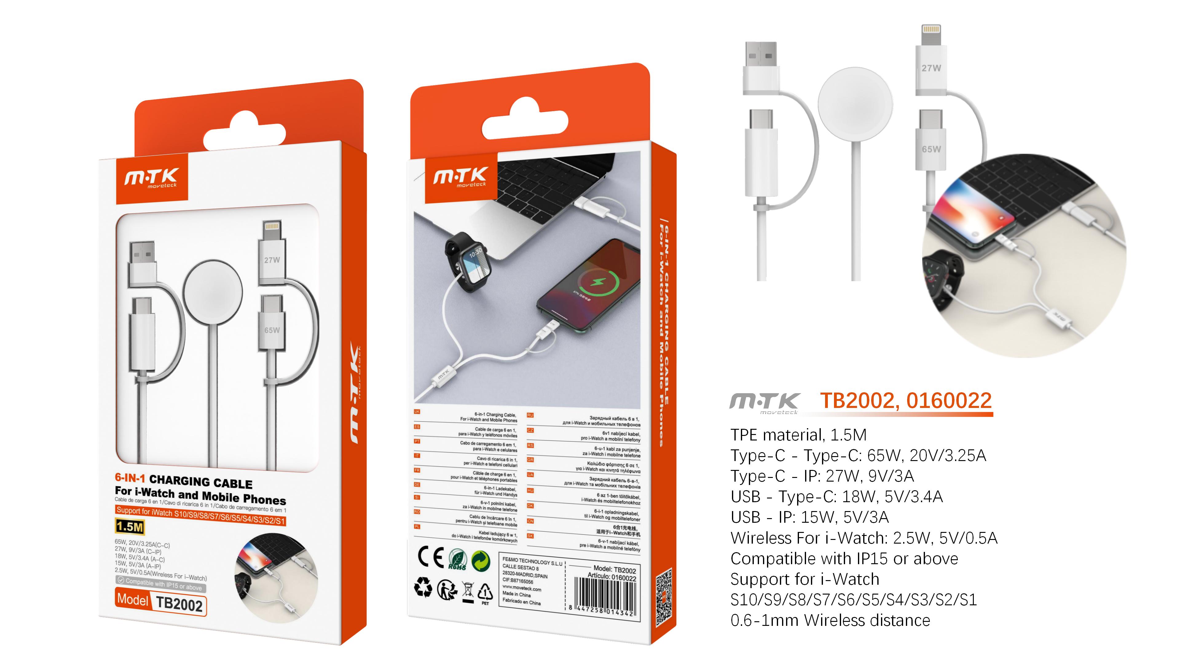 TB2002 BL Cable con Cargador 6 en 1 para I-Watch magnetico y Type-C+Iphone para movil, 60W/20V/3.25A max/1.5m, Blanco