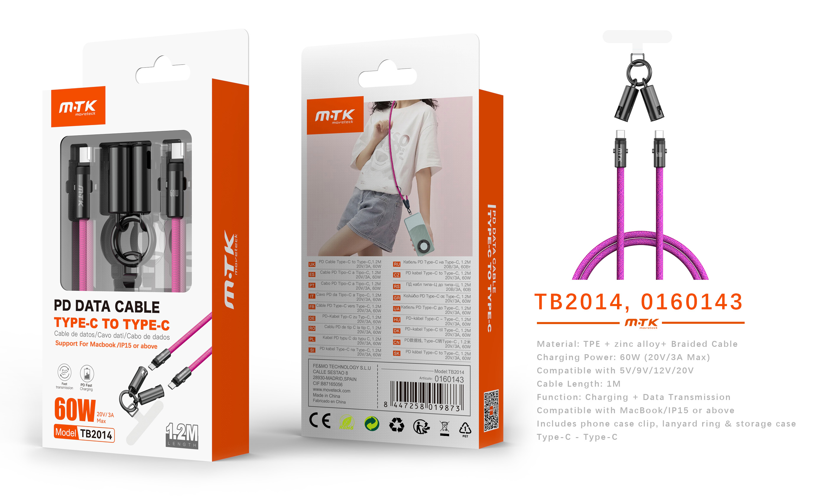 TB2014 RS Cable de datos  trenzado Varniqo 2 en 1 carga rapida type-C a type-C+funcion de correa par