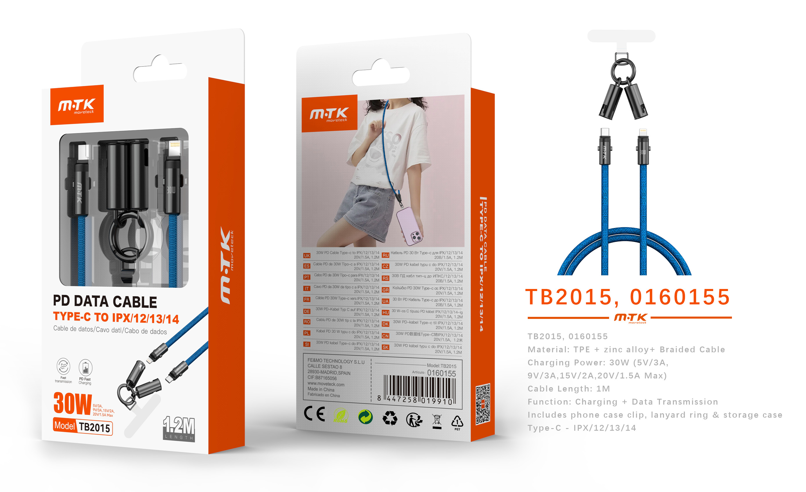 TB2015 AZ Cable de datos  trenzado Varniqo 2 en 1 carga rapida type-C a Iphone+funcion de correa par