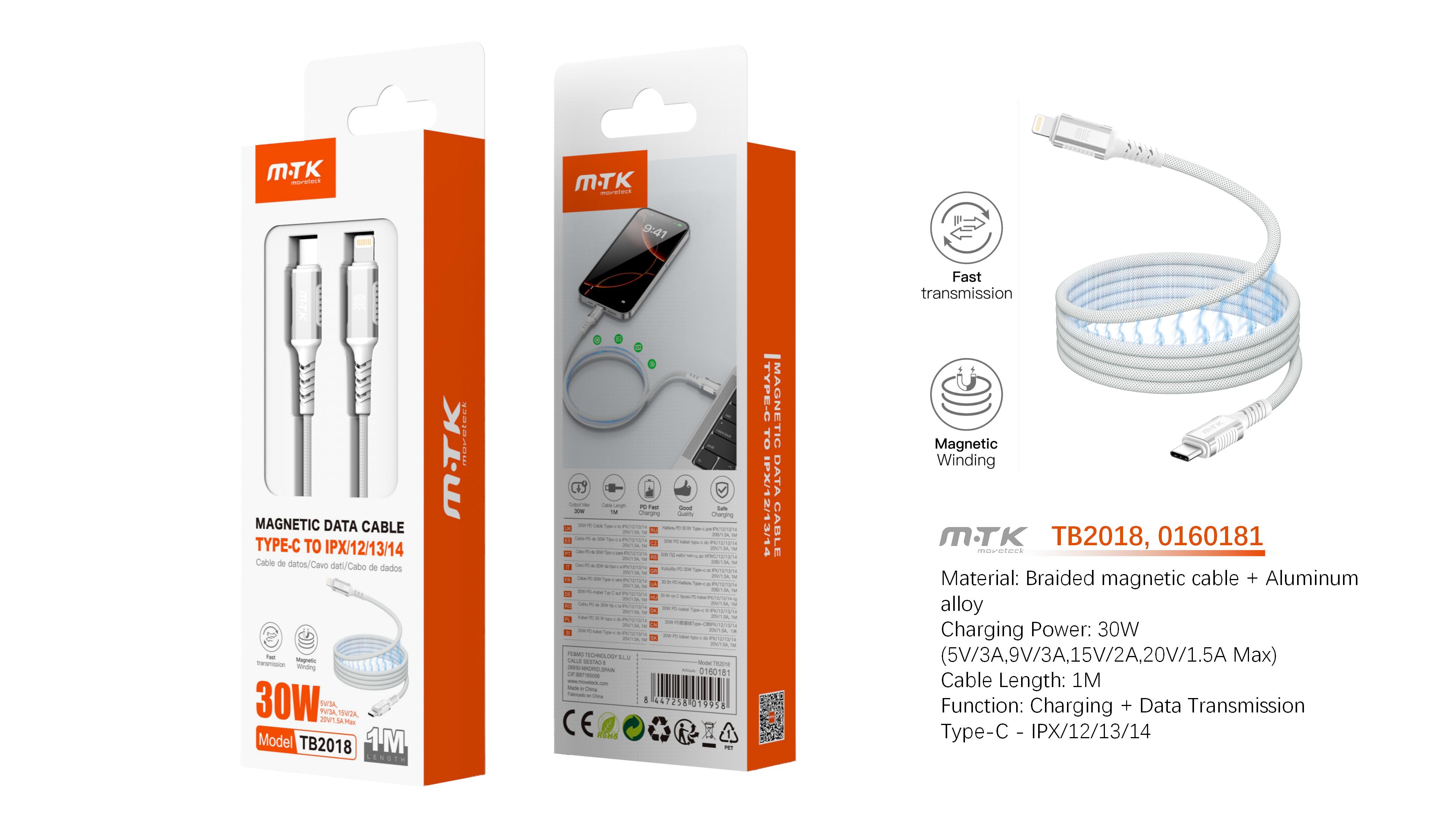 TB2018 BL Cable de datos Jex magnetico trenzado, Type-C a Iphone, Carga Rapida PD 30W/20V/1.5A, Cabl