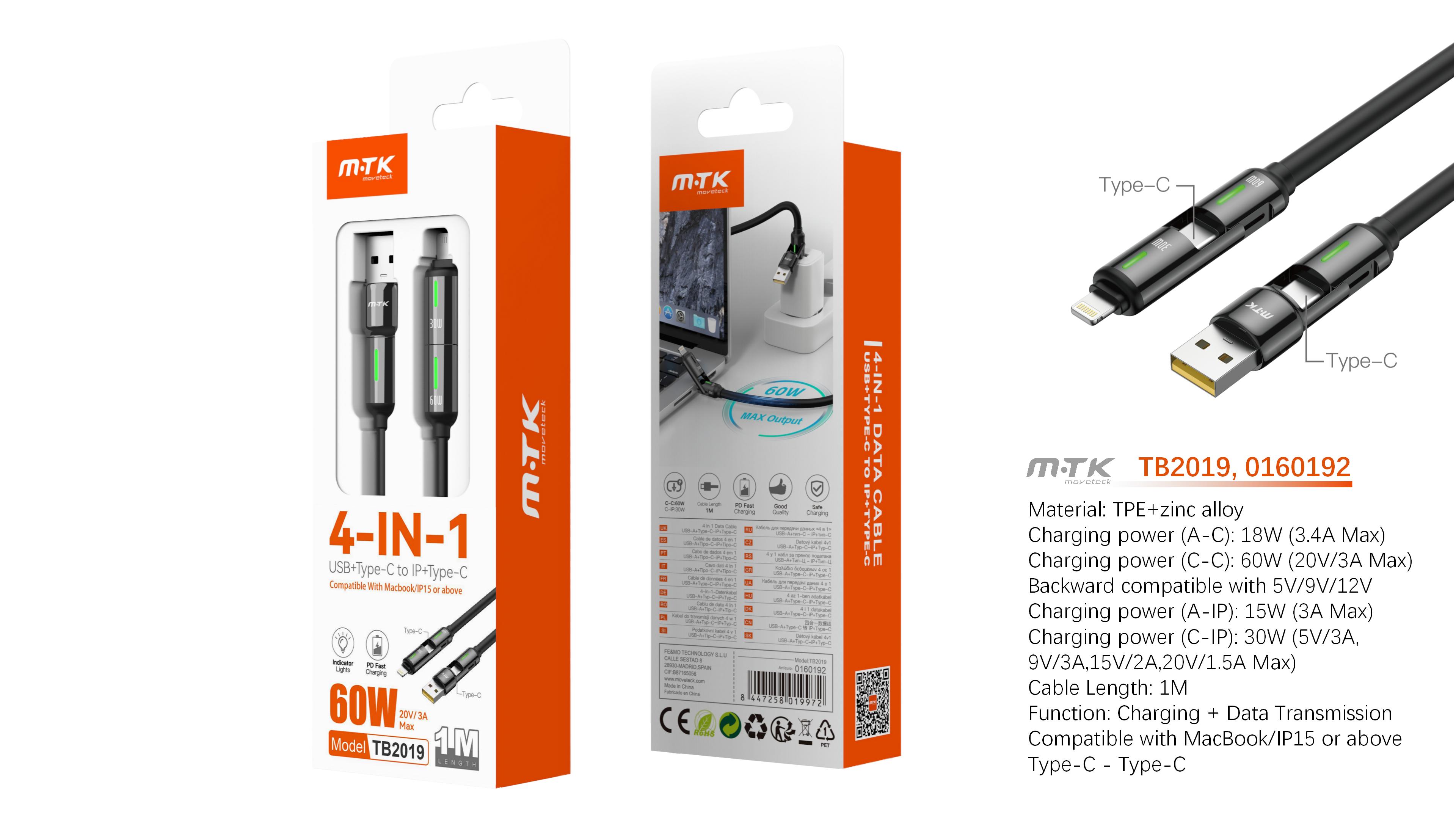 TB2019 NE Cable de datos aluminio 4 en 1 USB-A/Type-C a Type-C/Iphone  con carga rapida PD 60W/20V/3