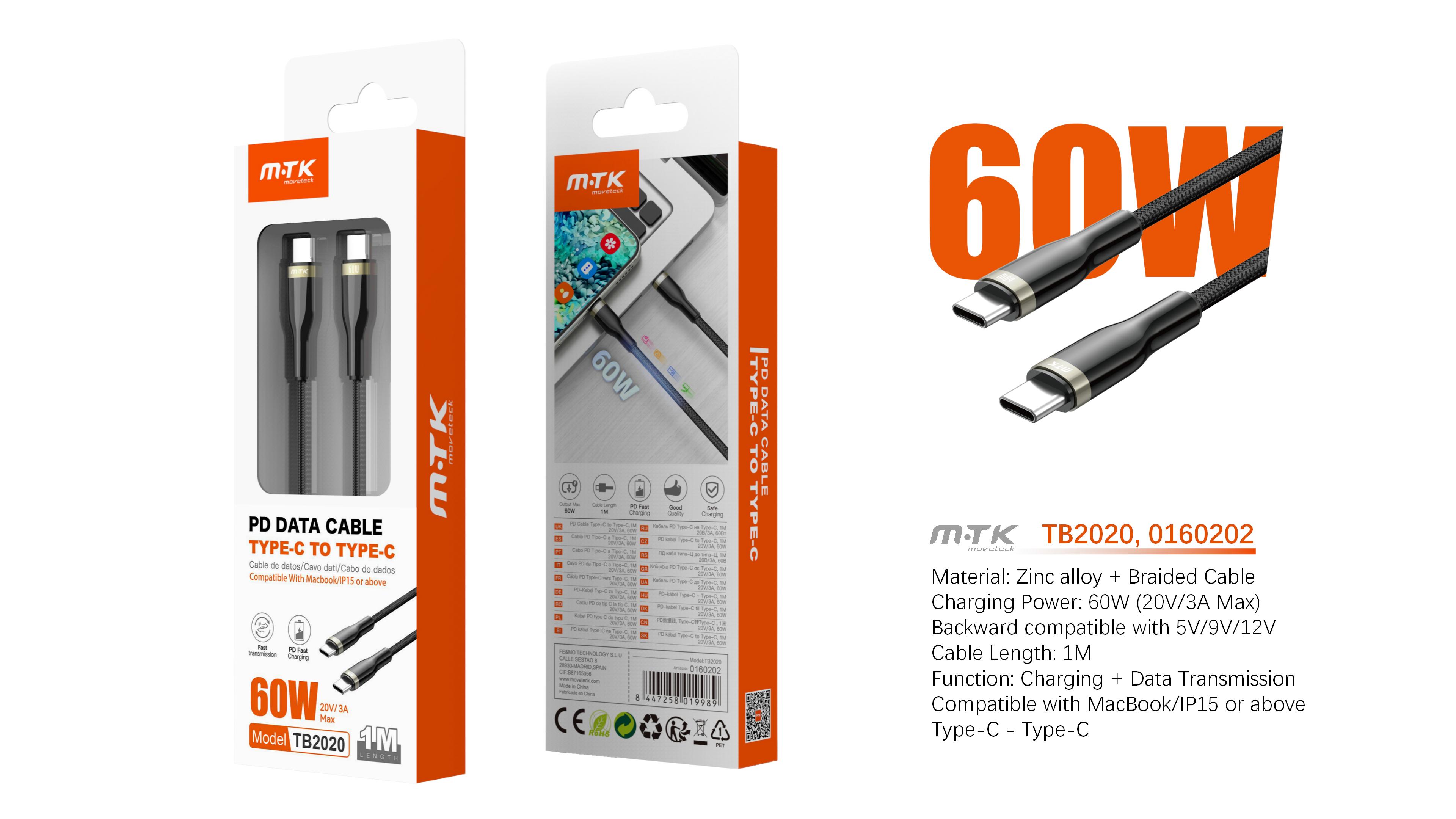 TB2020 NE Cable de Datos Zinc trenzado Ryl con carga rapida para Type-C a Type-C  60W/20V/3A/1M, Bla