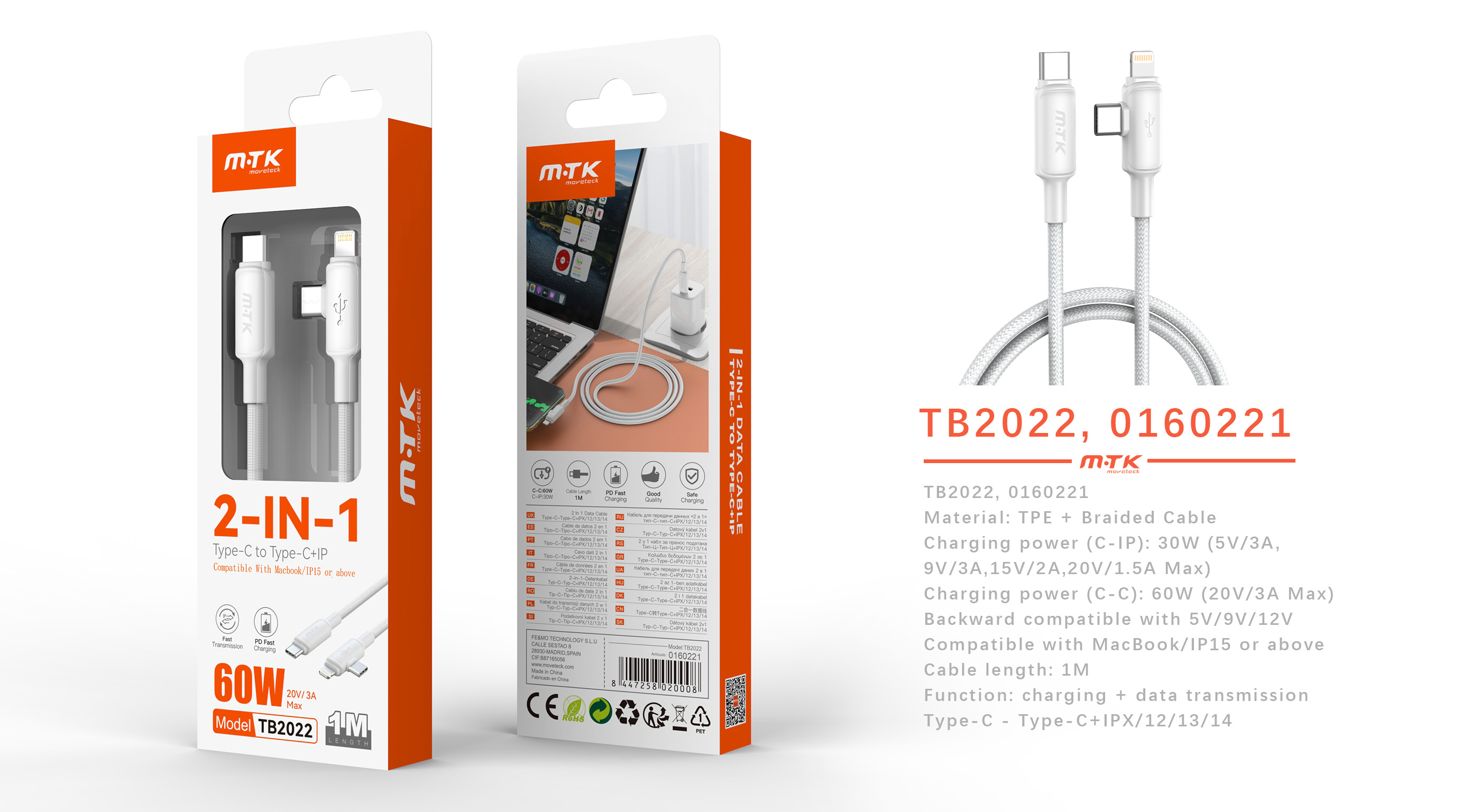 TB2022 BL Cable de datos trenzado 2 en 1 Type-C a Iphone 30W+Type-C 60W, Compatible con Apple Type-C