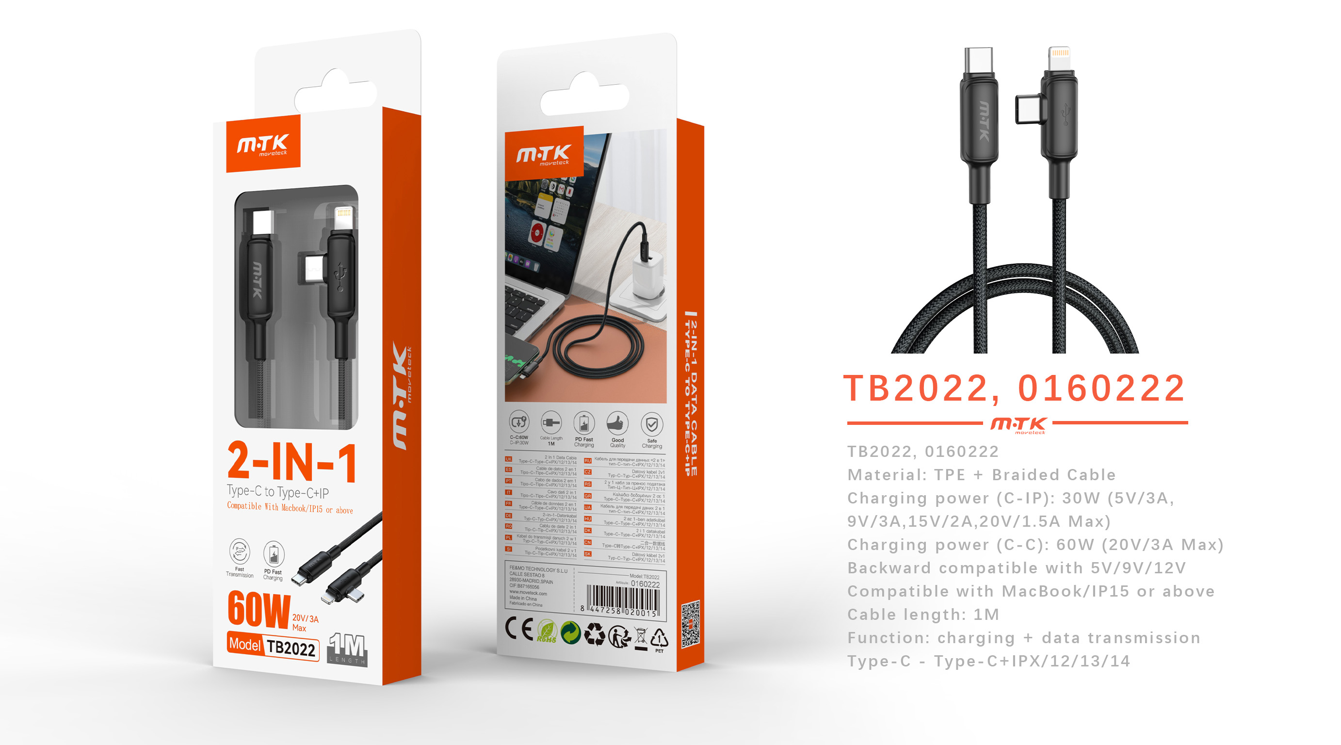 TB2022 NE Cable de datos trenzado 2 en 1 Type-C a Iphone 30W+Type-C 60W, Compatible con Apple Type-C
