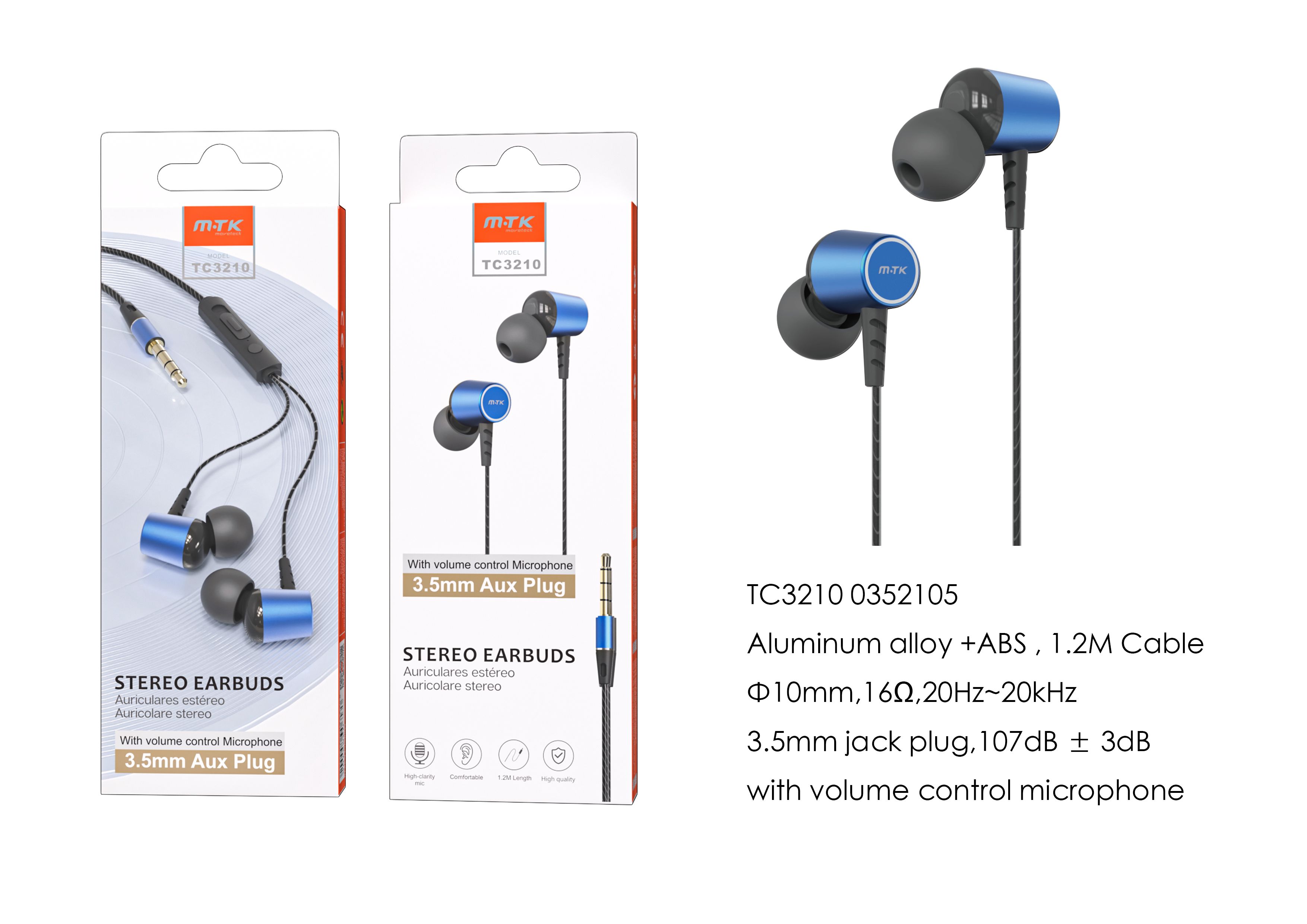 TC3210 AZ Auricular Dora con Microfono y  Boton multifuncion, 1.2m,Azul