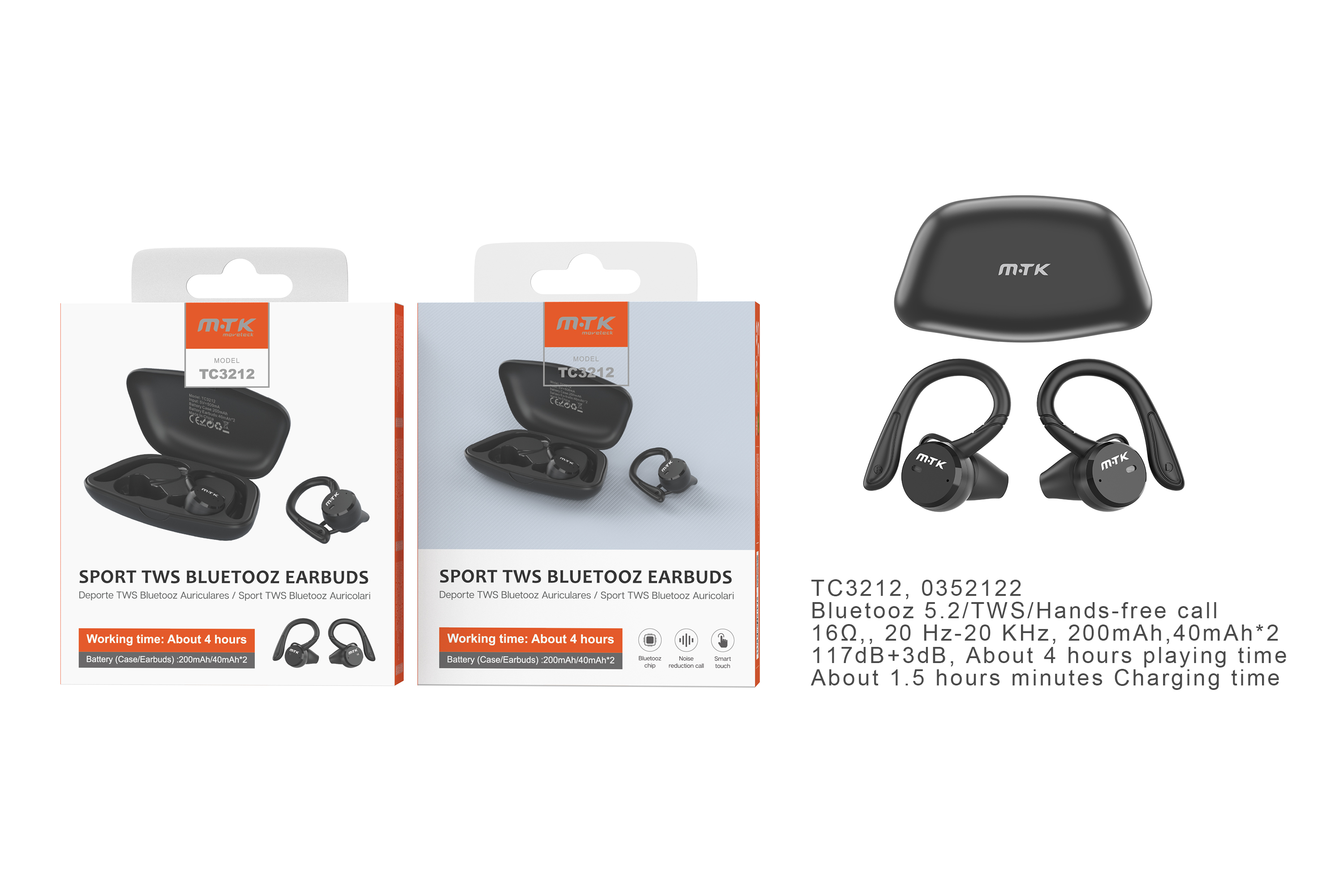 TC3212 NE Auriculares Bluetooth  TWS  Con Boton Tactil Multifuncional, Bateria 40mAh*2 para 4 horas