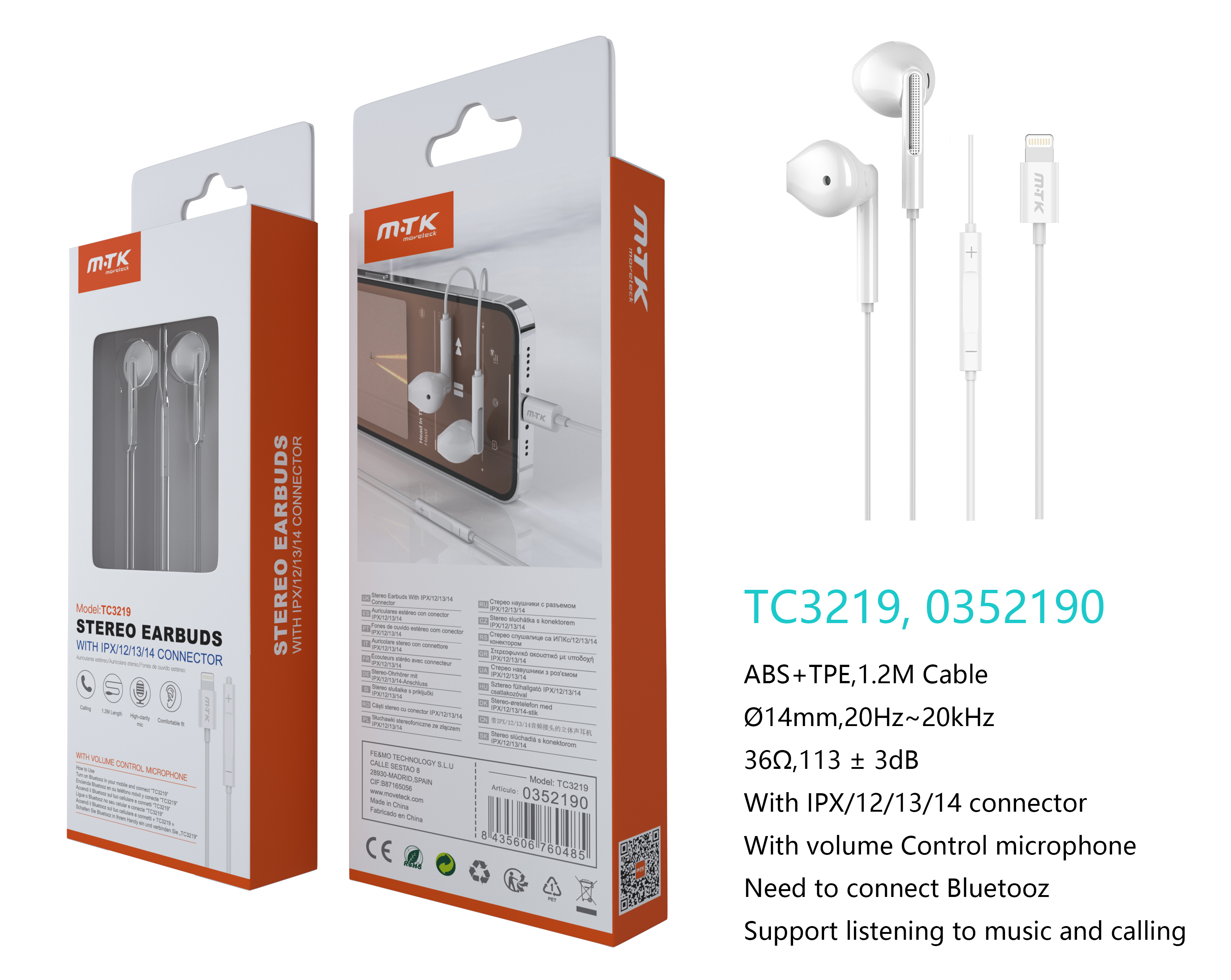 TC3219 Auricular Lightning Sylvie con Microfono y  Boton multifuncion, (Necesario Activar Bluetooth), Soporta llamada y Musica, Cable 1.2m, Blanco+Pla