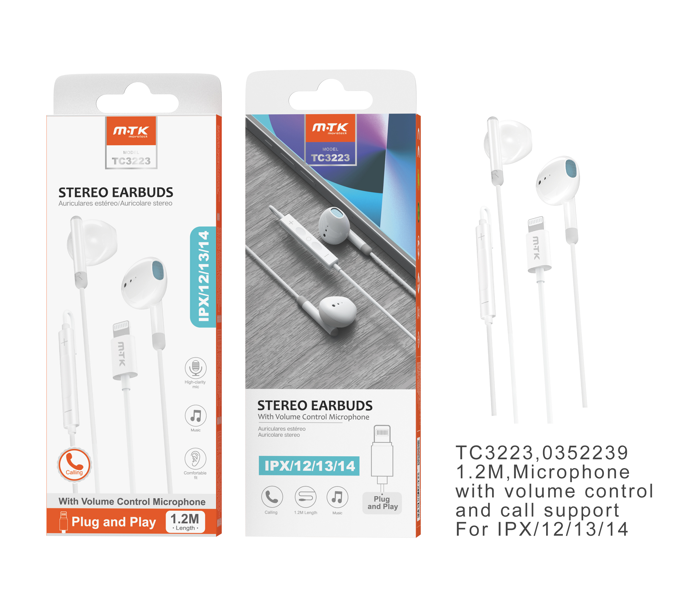 TC3223 GR Auriculares Lightning Cian con Microfono y Boton multifuncion, para Iphone X/11/12/13/14, Soporta Musica y Llamada, Cable 1.2M, Gris