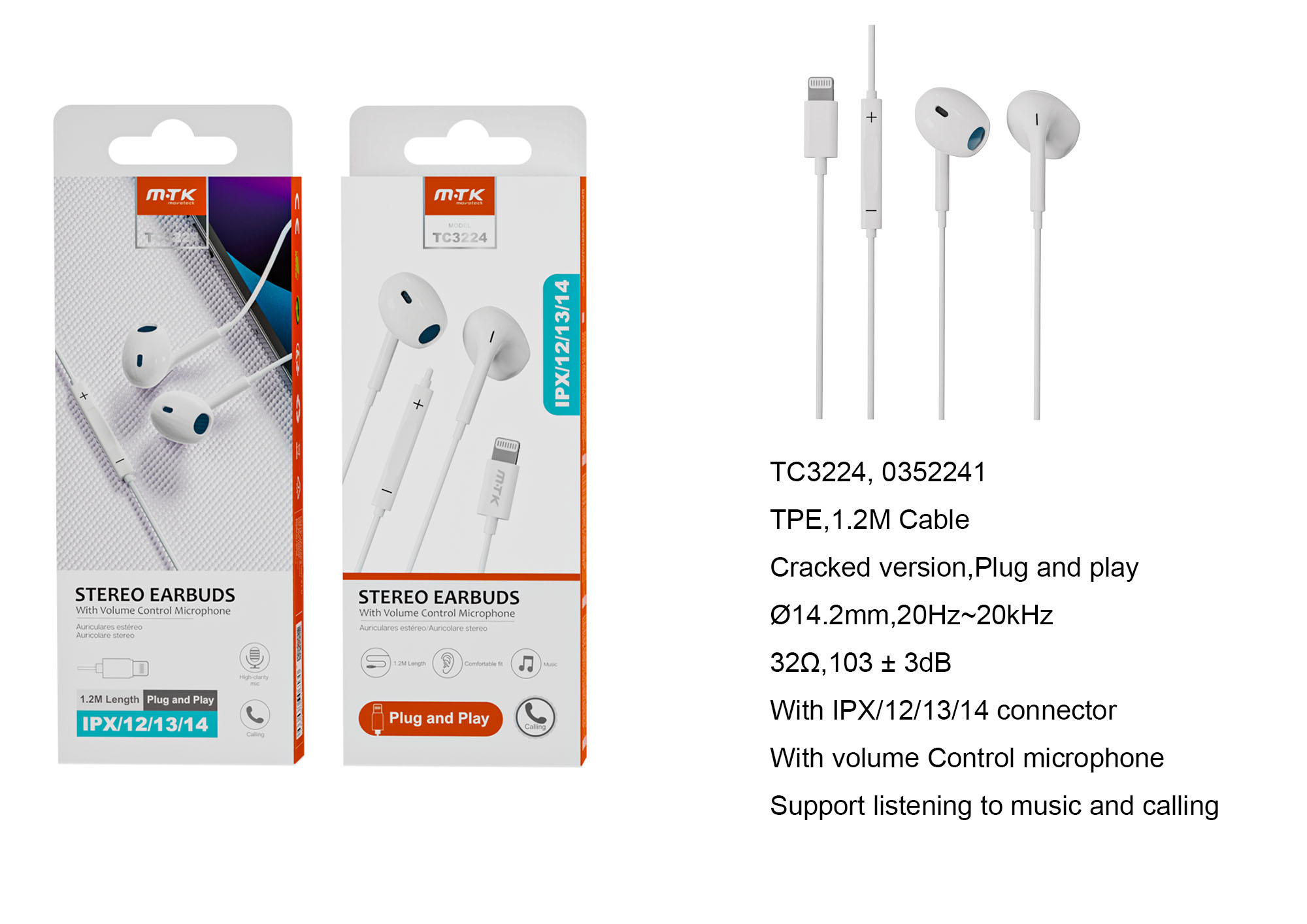 TC3224 BL Auriculares Lightning Belk con Microfono y Boton multifuncion, para Iphone X/11/12/13/14, Soporta Musica y Llamada, Cable 1.2M, Blanco