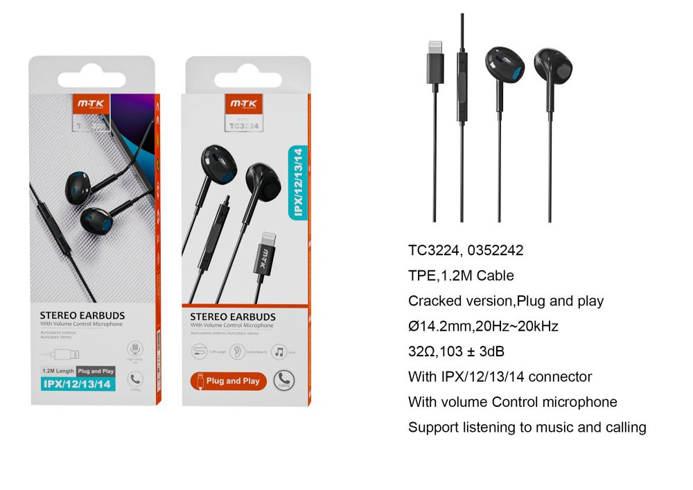 TC3224 NE Auriculares Lightning Belk con Microfono y Boton multifuncion, para Iphone X/11/12/13/14, Soporta Musica y Llamada, Cable 1.2M, Negro