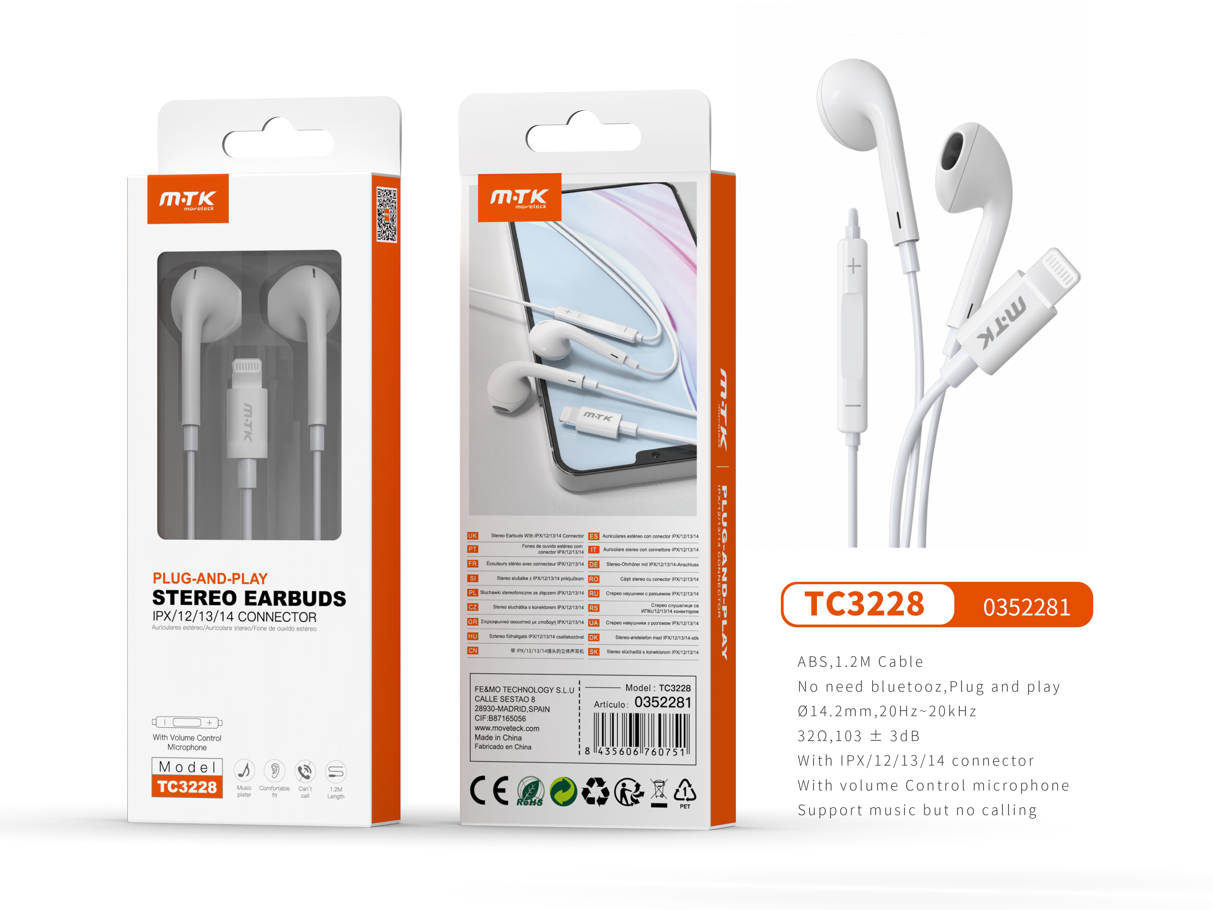 TC3228 BL Auriculares Lightning Belk Sin Microfono, Con Control de Volumen, para Iphone X/11/12/13/1