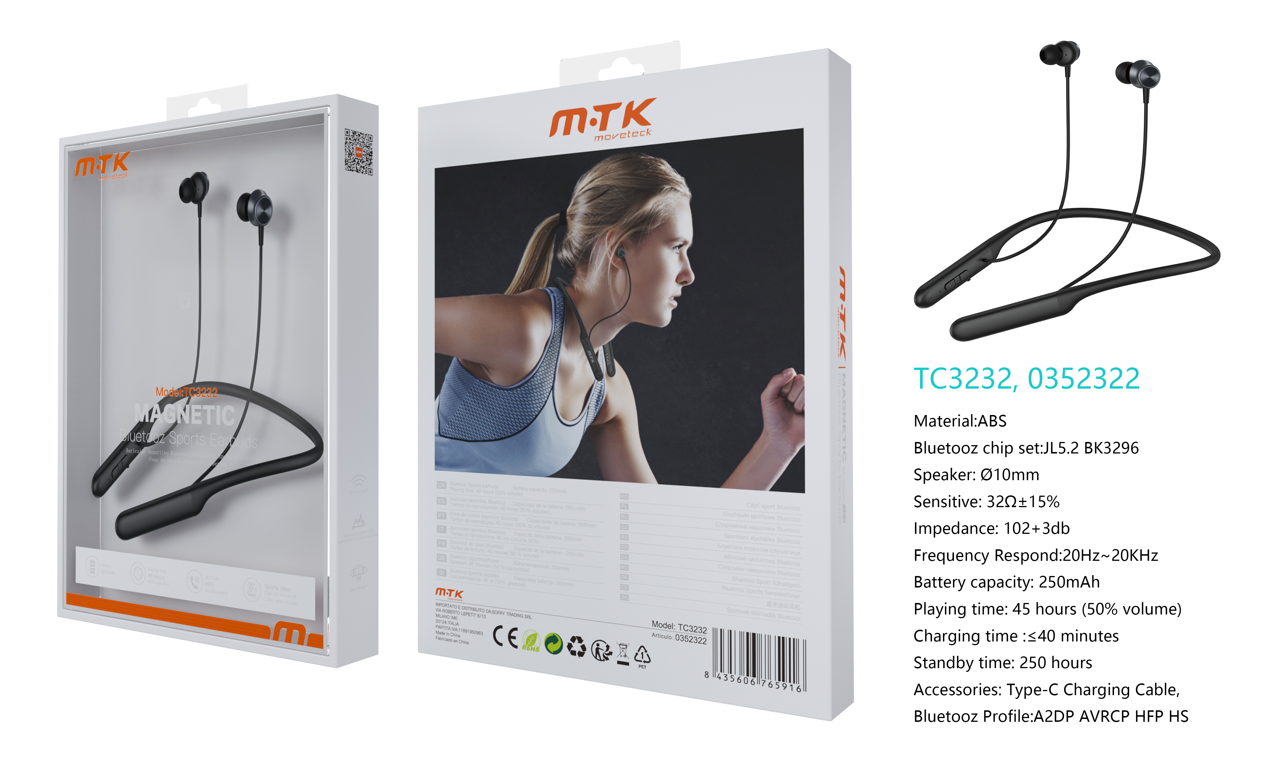 TC3232 NE Luxury Auricular Deportivo Bluetooth Con microfono y cable, Bateria 250mAh, Negro