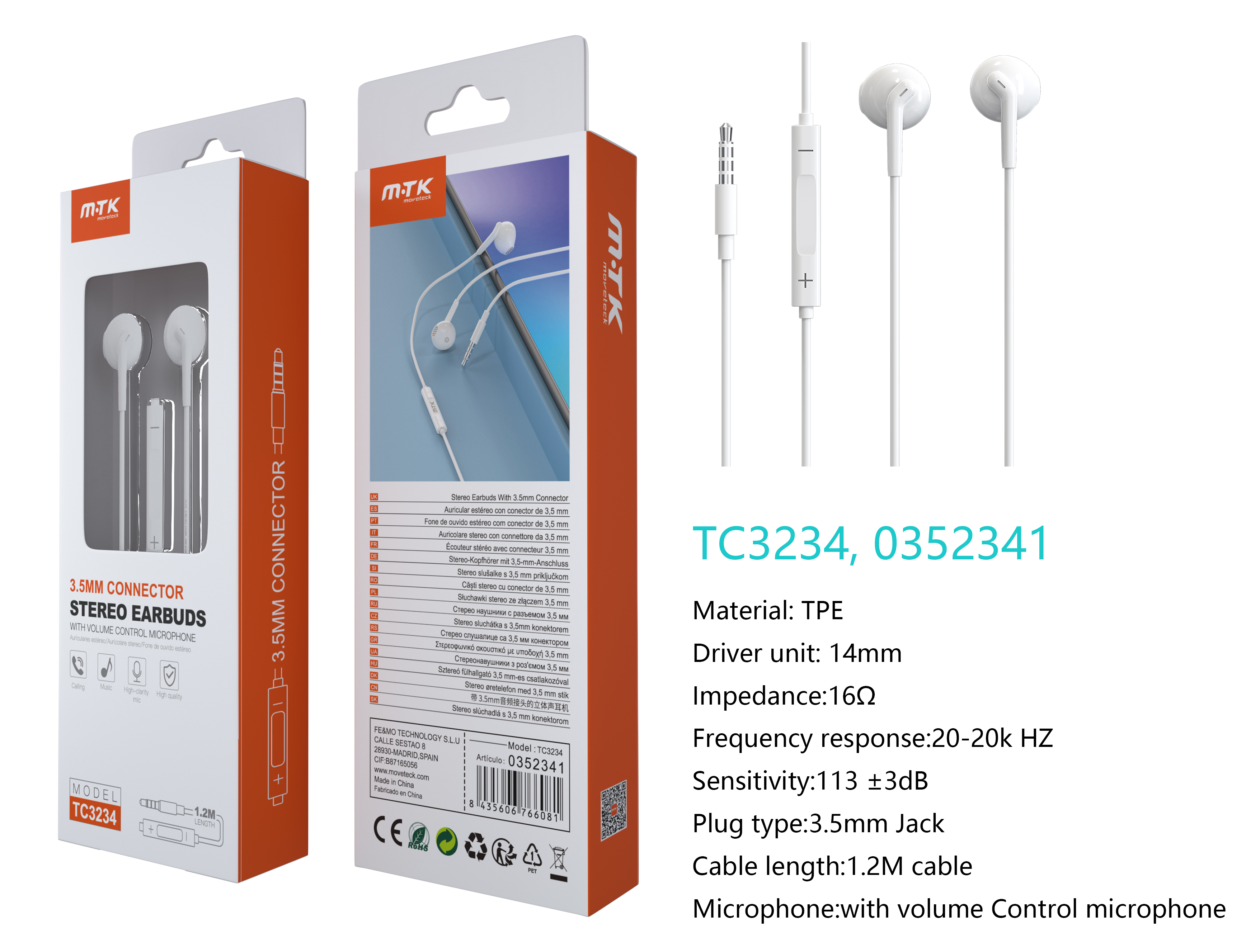 TC3234 BL Auricular Carl de Jack 3.5MM con Microfono y  Boton multifuncion, Soporta llamada y Musica