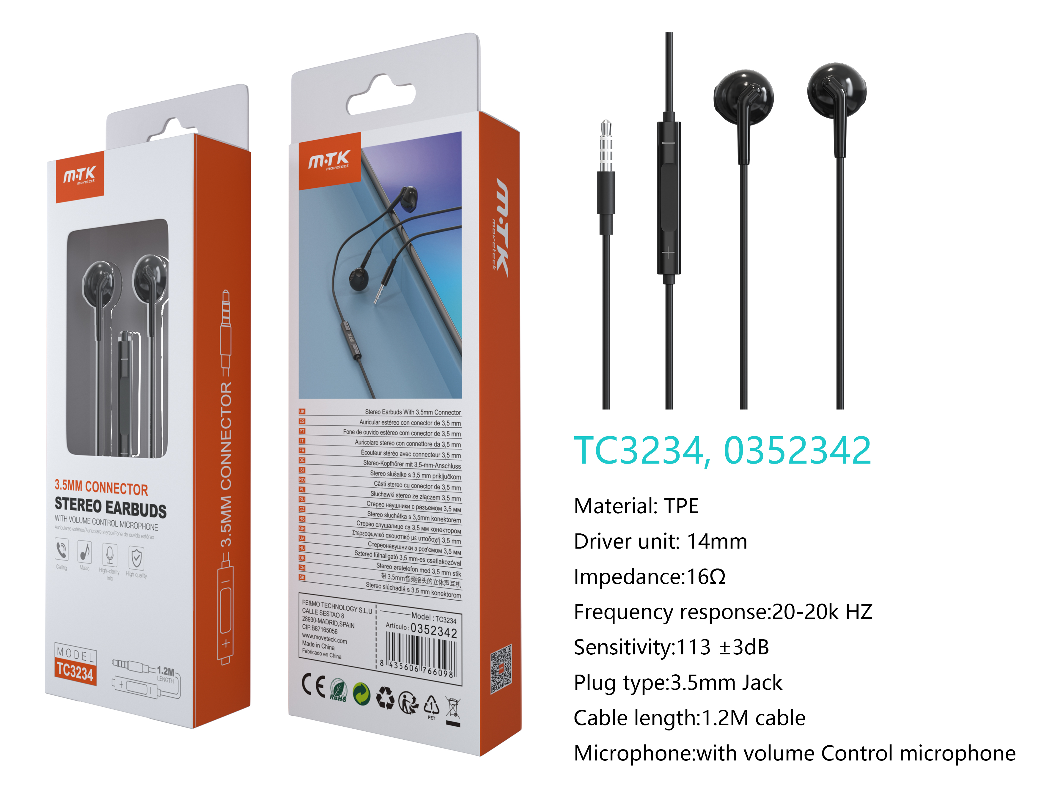 TC3234 NE Auricular Carl de Jack 3.5MM con Microfono y  Boton multifuncion, Soporta llamada y Musica