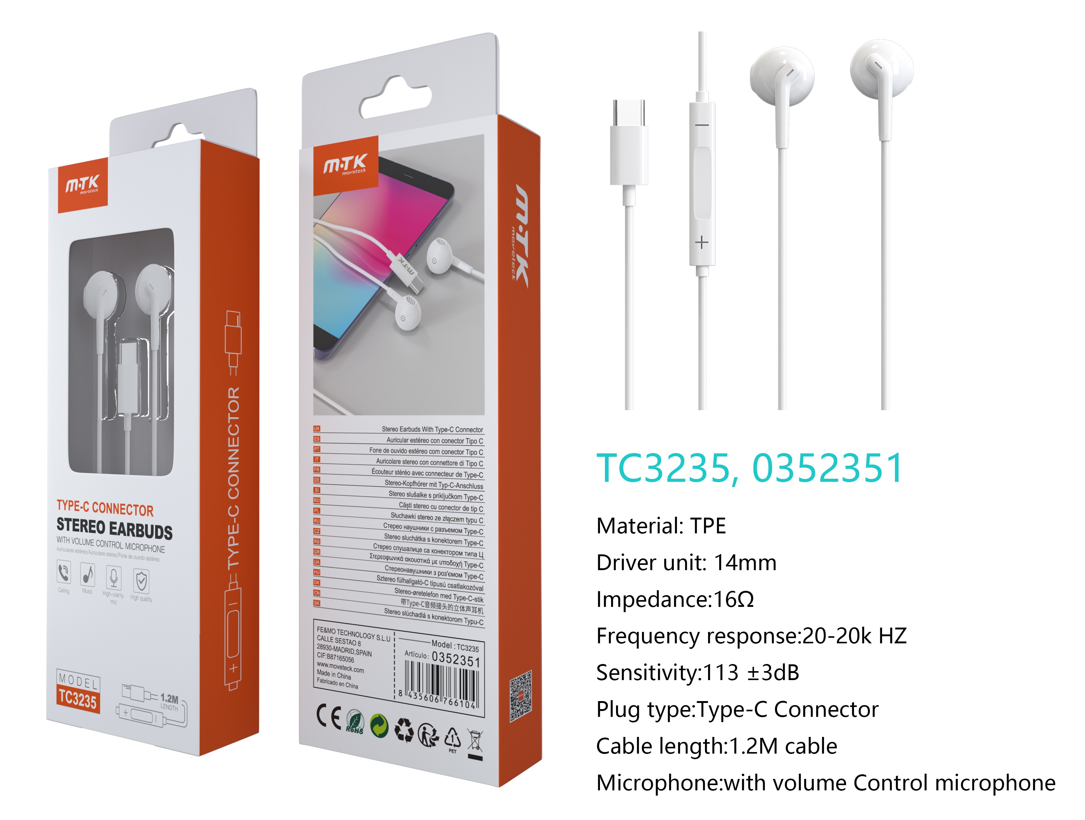 TC3235 BL Auricular Carl Type-C con Microfono y  Boton multifuncion,Con Chip Digital, Soporta llamad