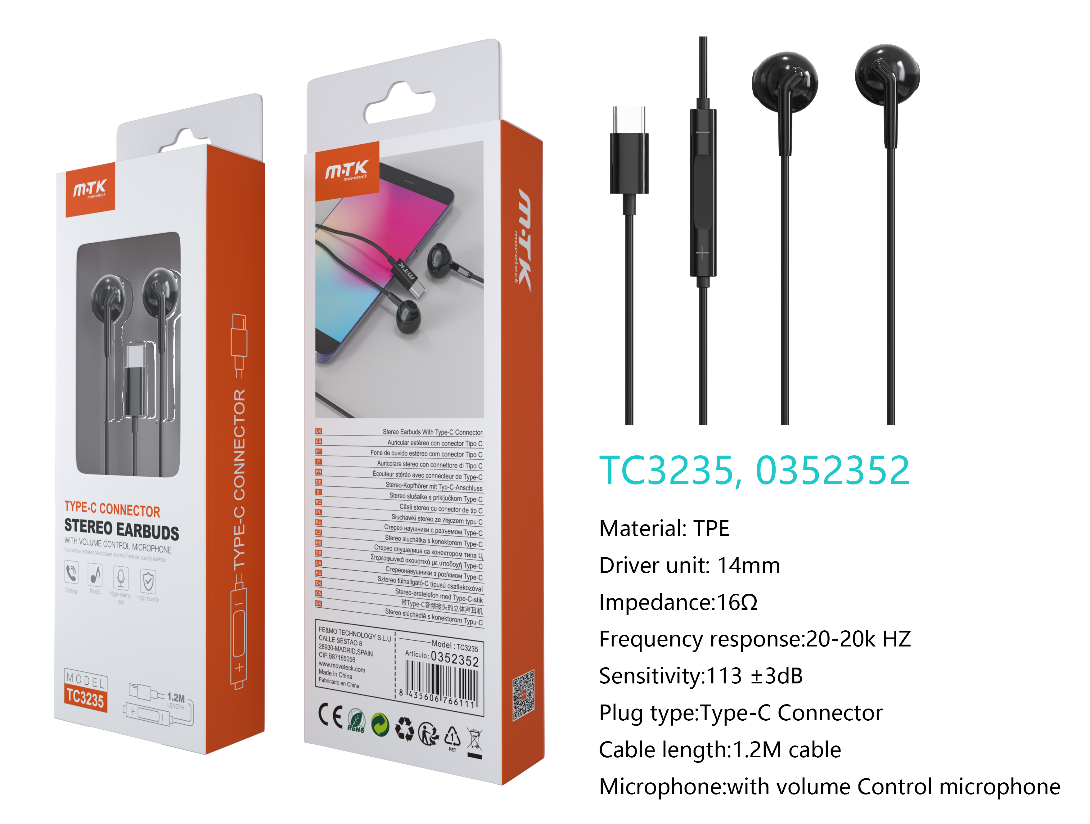 TC3235 NE Auricular Carl Type-C con Microfono y  Boton multifuncion,Con Chip Digital, Soporta llamad