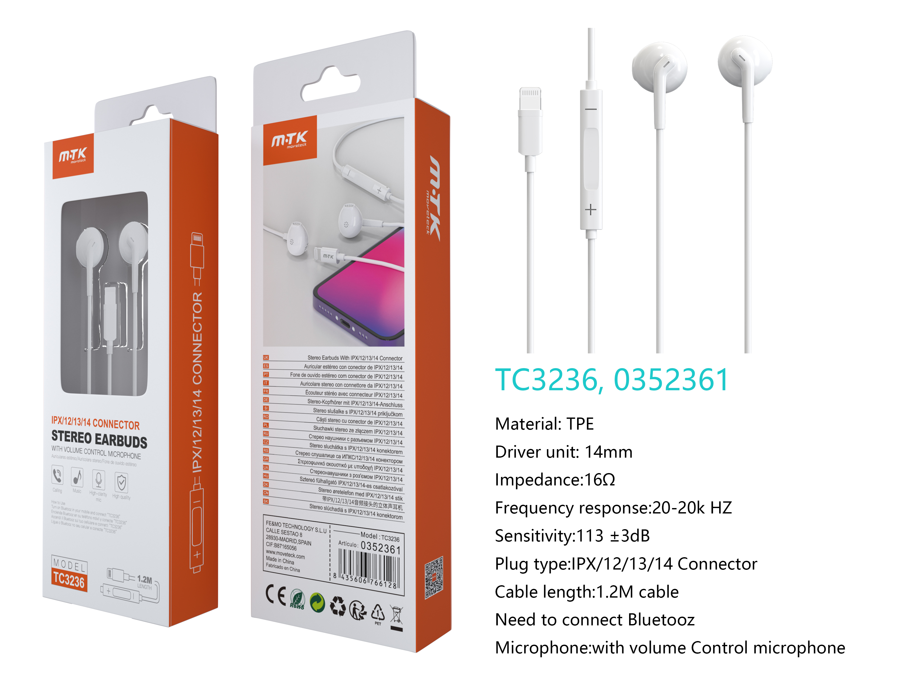 TC3236 BL Auricular Carl Lightning con Microfono y  Boton multifuncion, (Necesario Activar Bluetooth