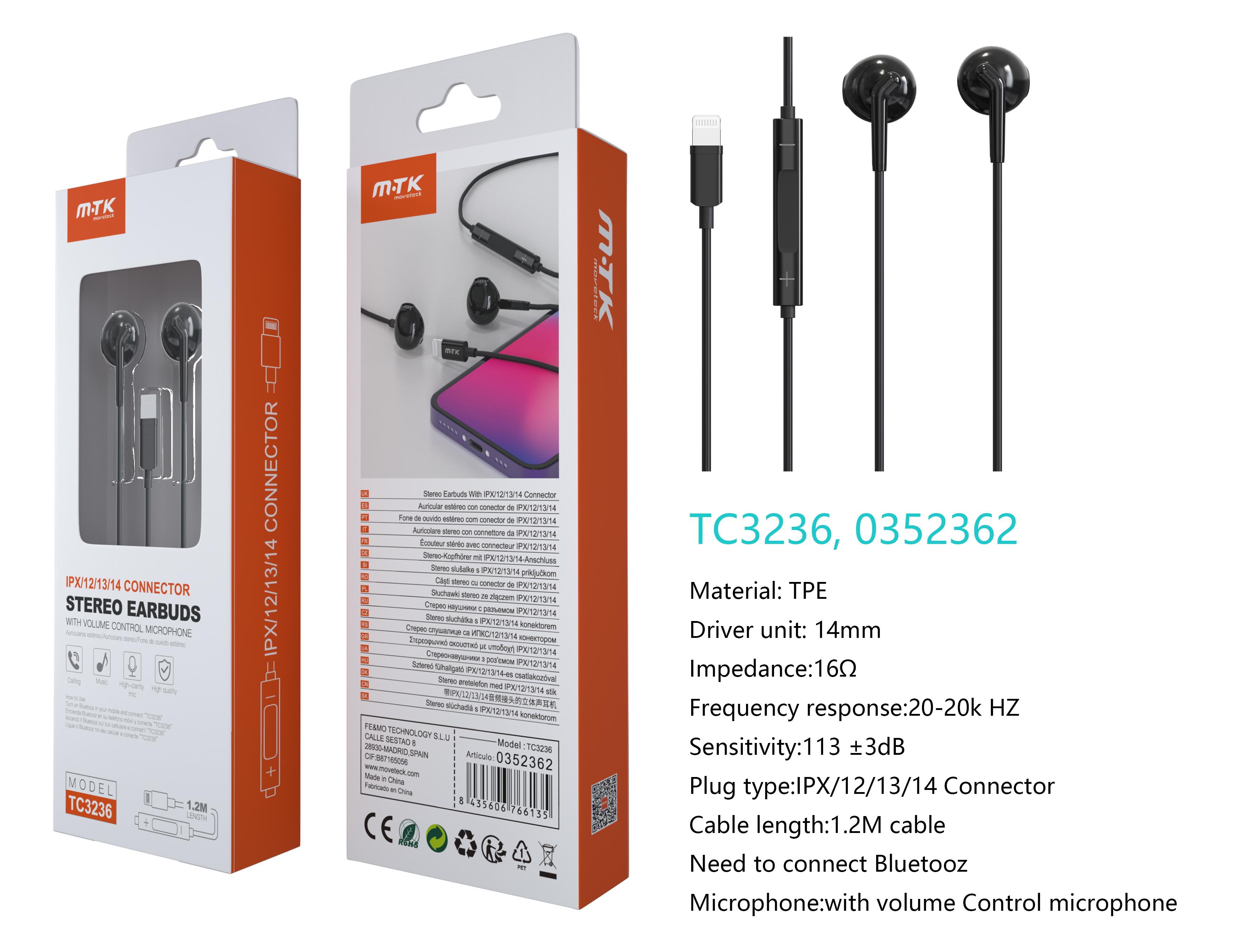 TC3236 NE Auricular Carl Lightning con Microfono y  Boton multifuncion, (Necesario Activar Bluetooth