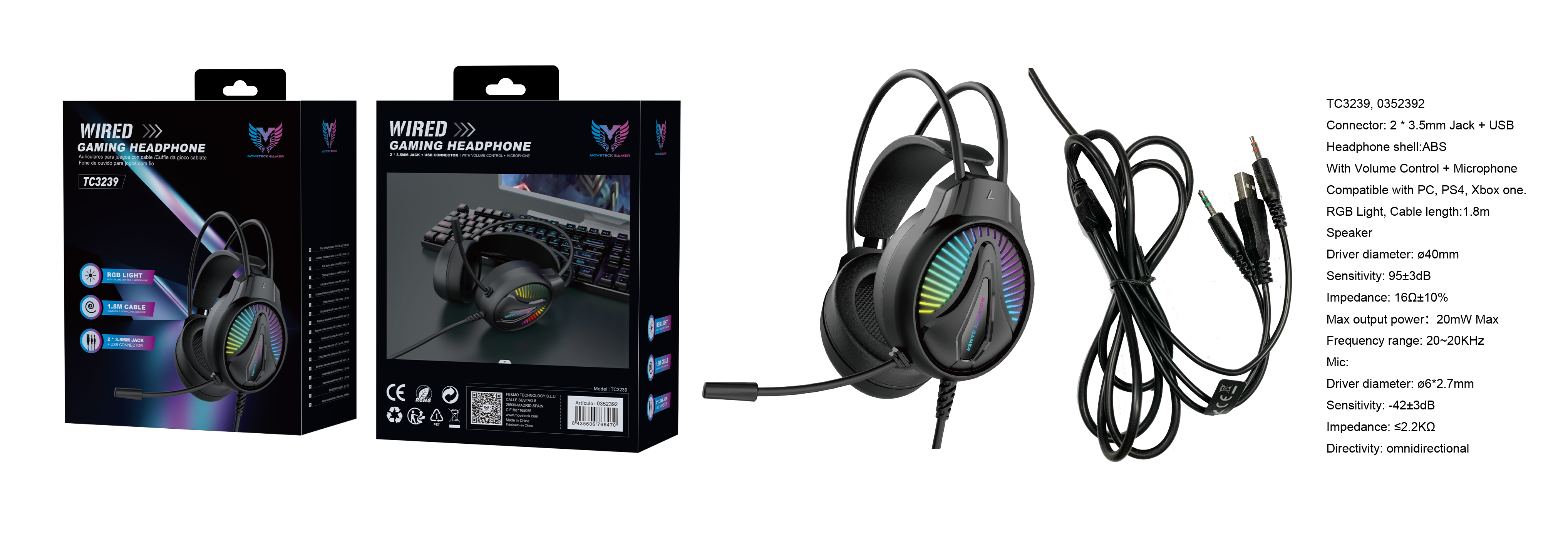 TC3239 NE Auriculares Casco Gaming Con microfono y Boton control de Volumen, Luz RGB, Cable 1.8M, Soporta para PC/PS4/Xbox one, 3.5mm Jack*2+USB, Negr