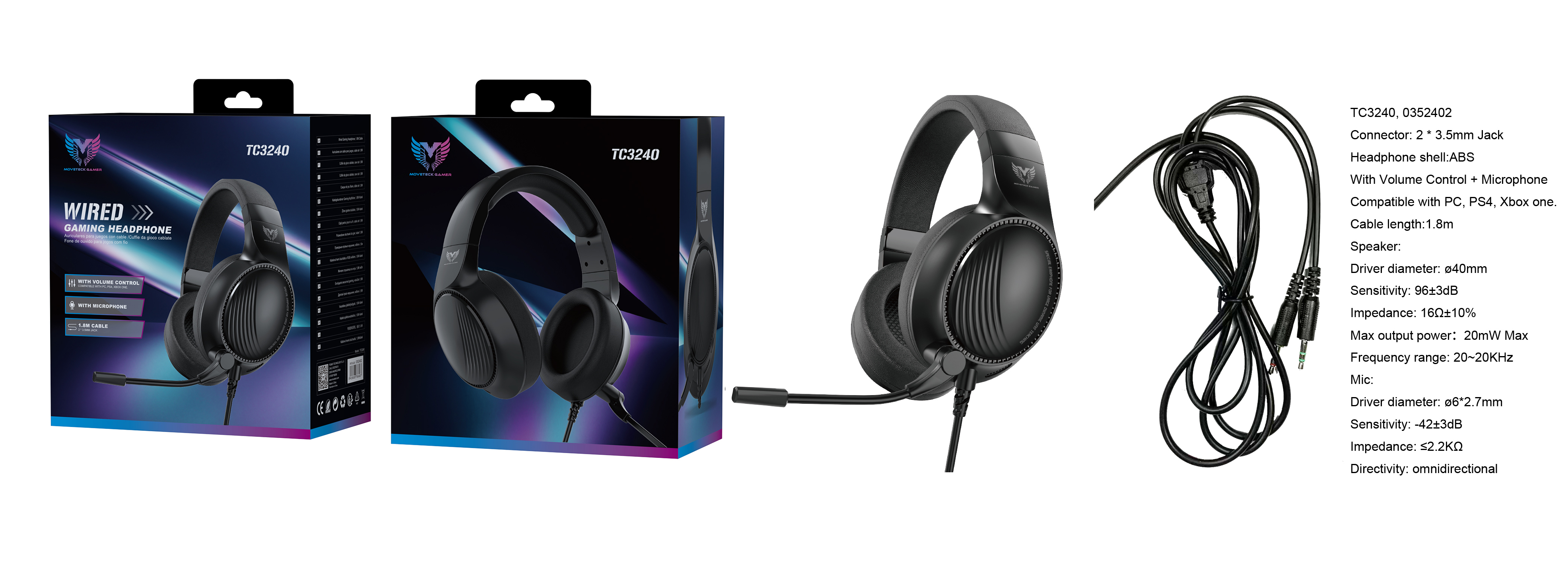 TC3240 NE Auriculares Casco Gaming Con microfono y Boton control de Volumen, Luz RGB, Cable 1.8M, Soporta para PC/PS4/Xbox one, 3.5mm Jack*2, Negro