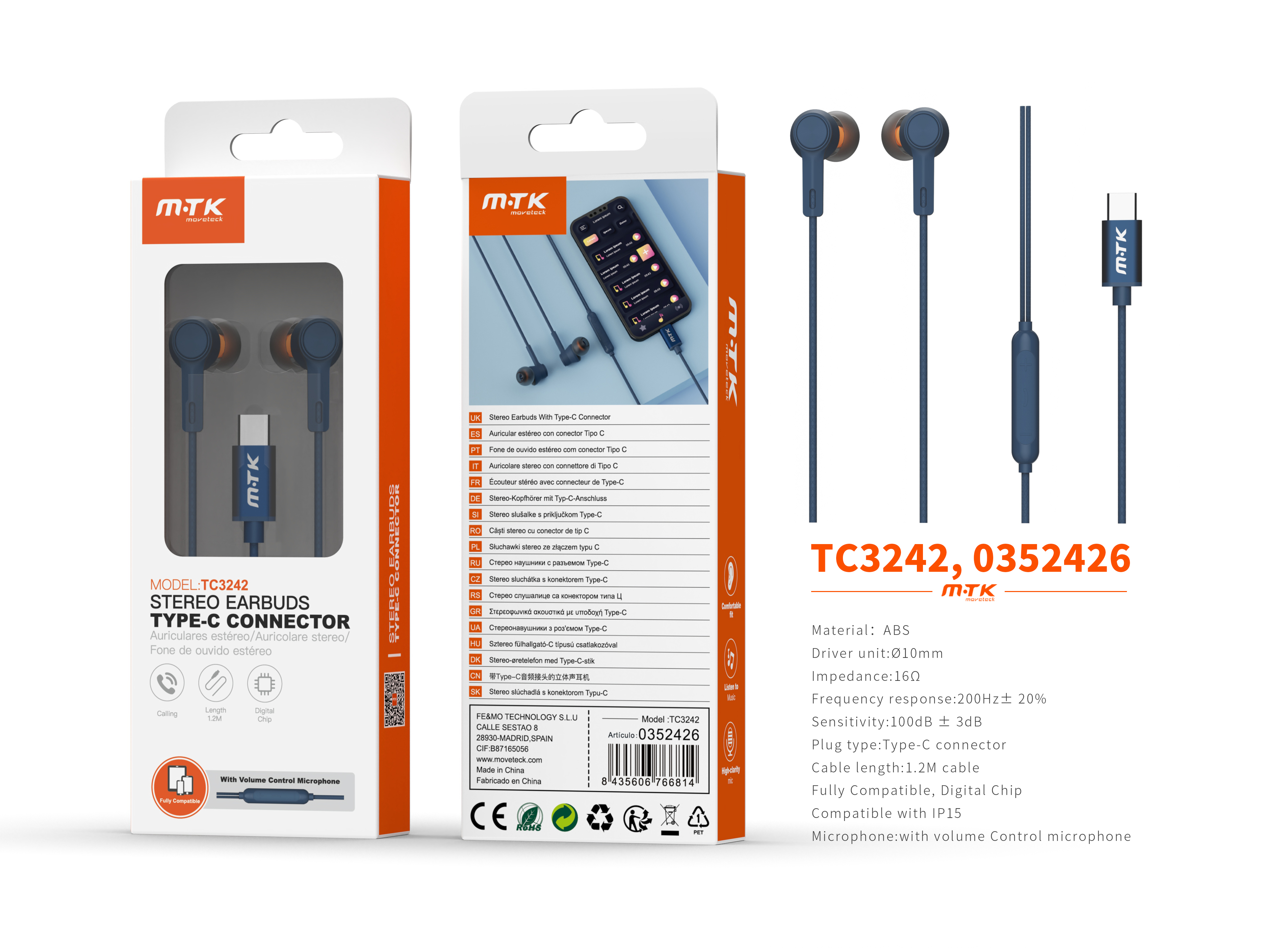 TC3242 AZ Auricular TYPE-C Hahn con Microfono y  Control de Volumen, Compatible con Apple Type-C, Soporta llamada y Musica, Cable 1.2m, Azul