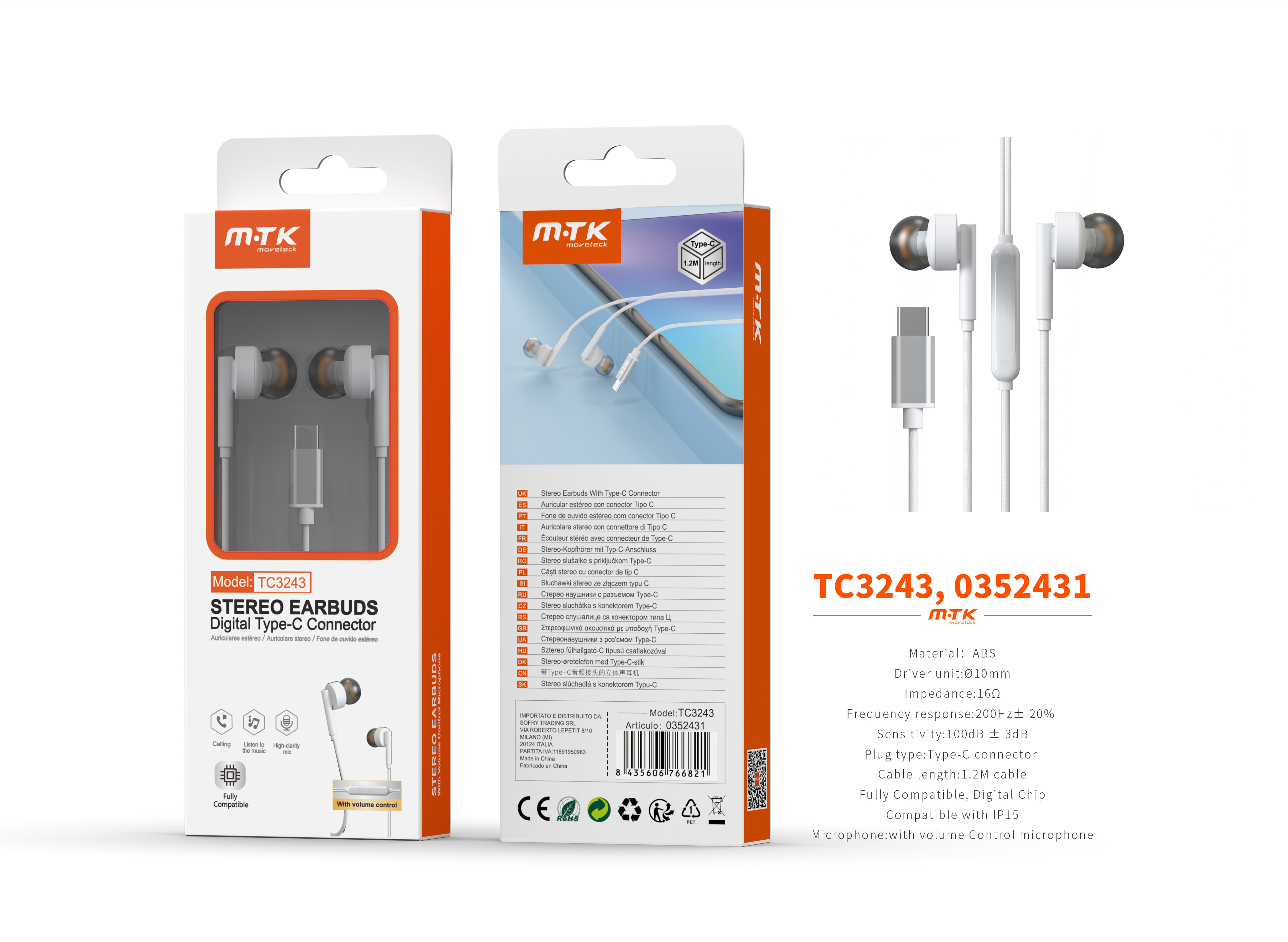 TC3243 BL Auricular TYPE-C Ivon con Microfono y  Control de Volumen, Compatible con Apple Type-C, Soporta llamada y Musica, Cable 1.2m, Blanco