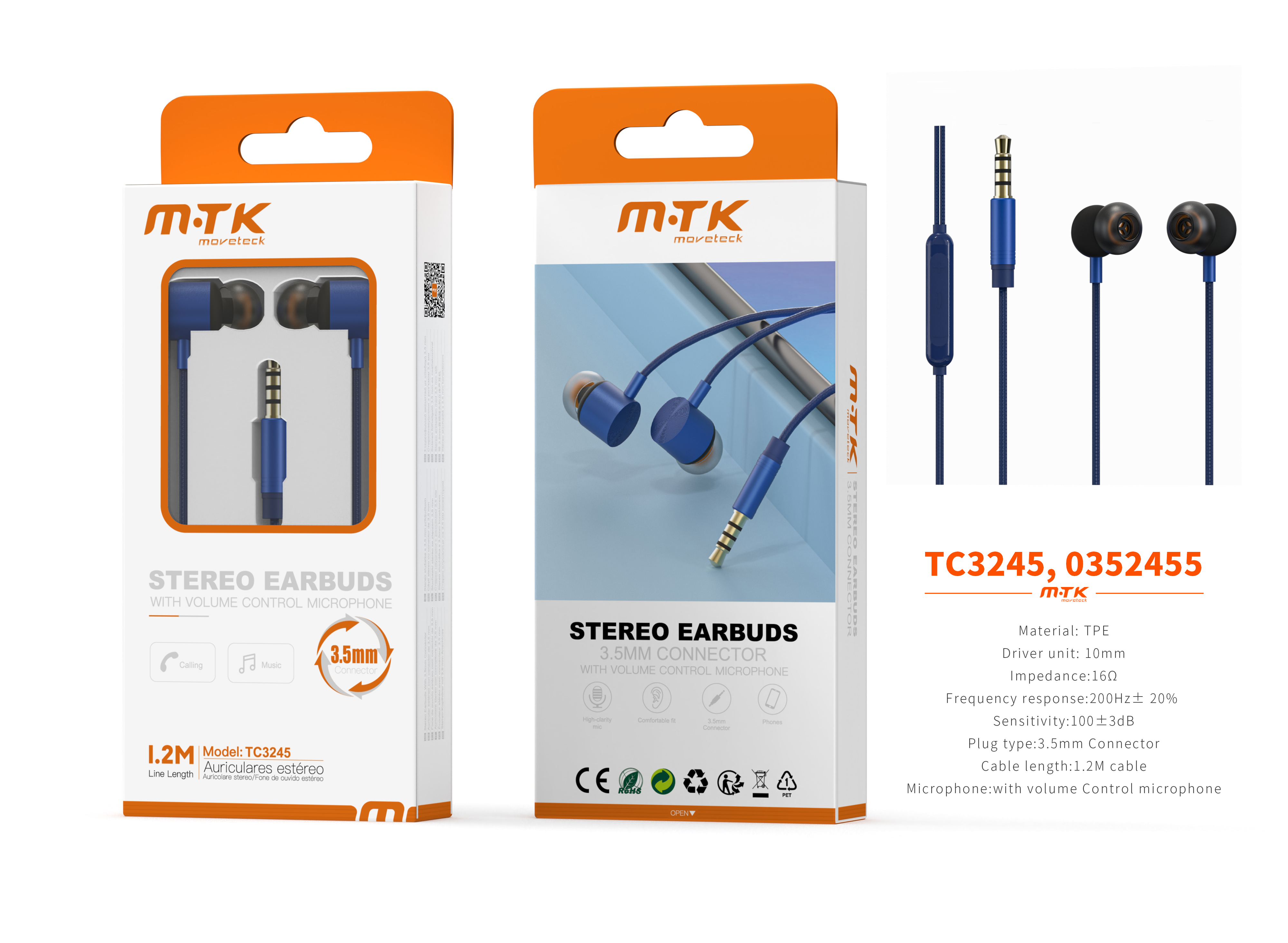 TC3245 AZ luxury Auricular Kay con Microfono y  Control de Volumen, Soporta llamada y Musica, Cable 1.2m, Azul