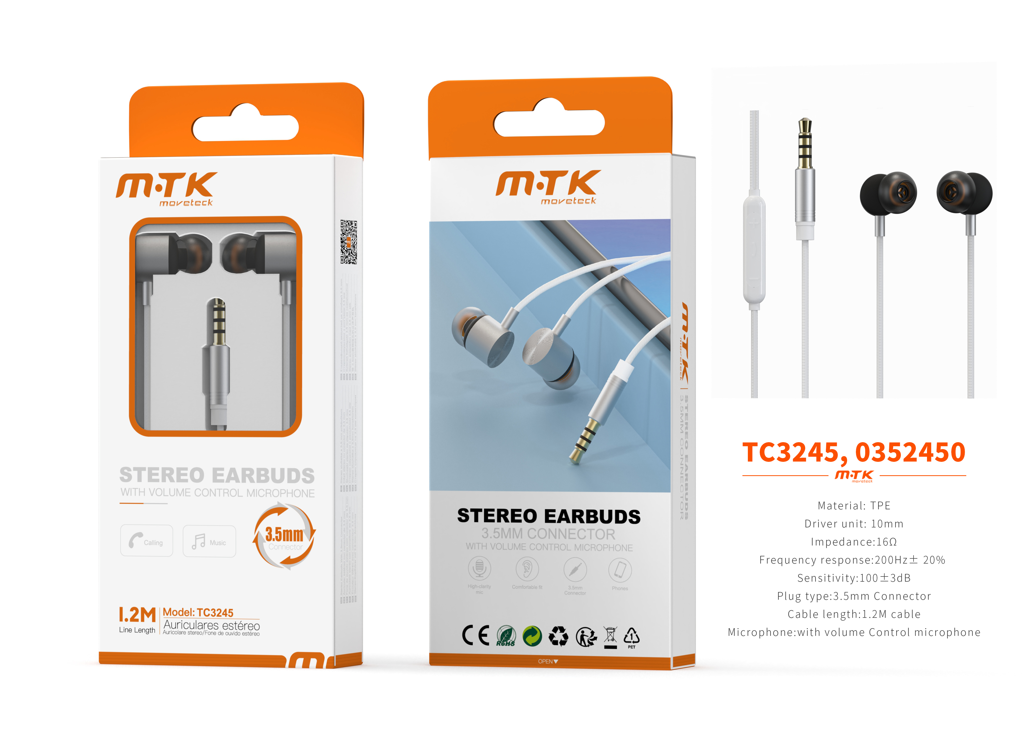 TC3245 BL luxury Auricular Kay con Microfono y  Control de Volumen, Soporta llamada y Musica, Cable 1.2m, Blanco