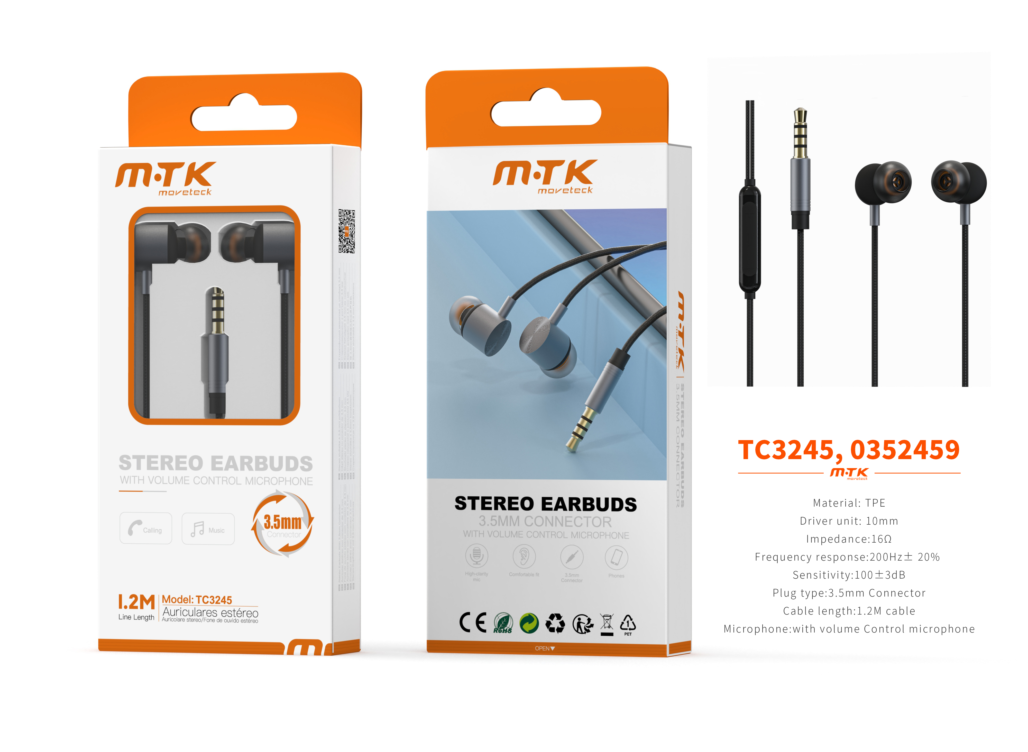 TC3245 GR luxury Auricular Kay con Microfono y  Control de Volumen, Soporta llamada y Musica, Cable 1.2m, Gris