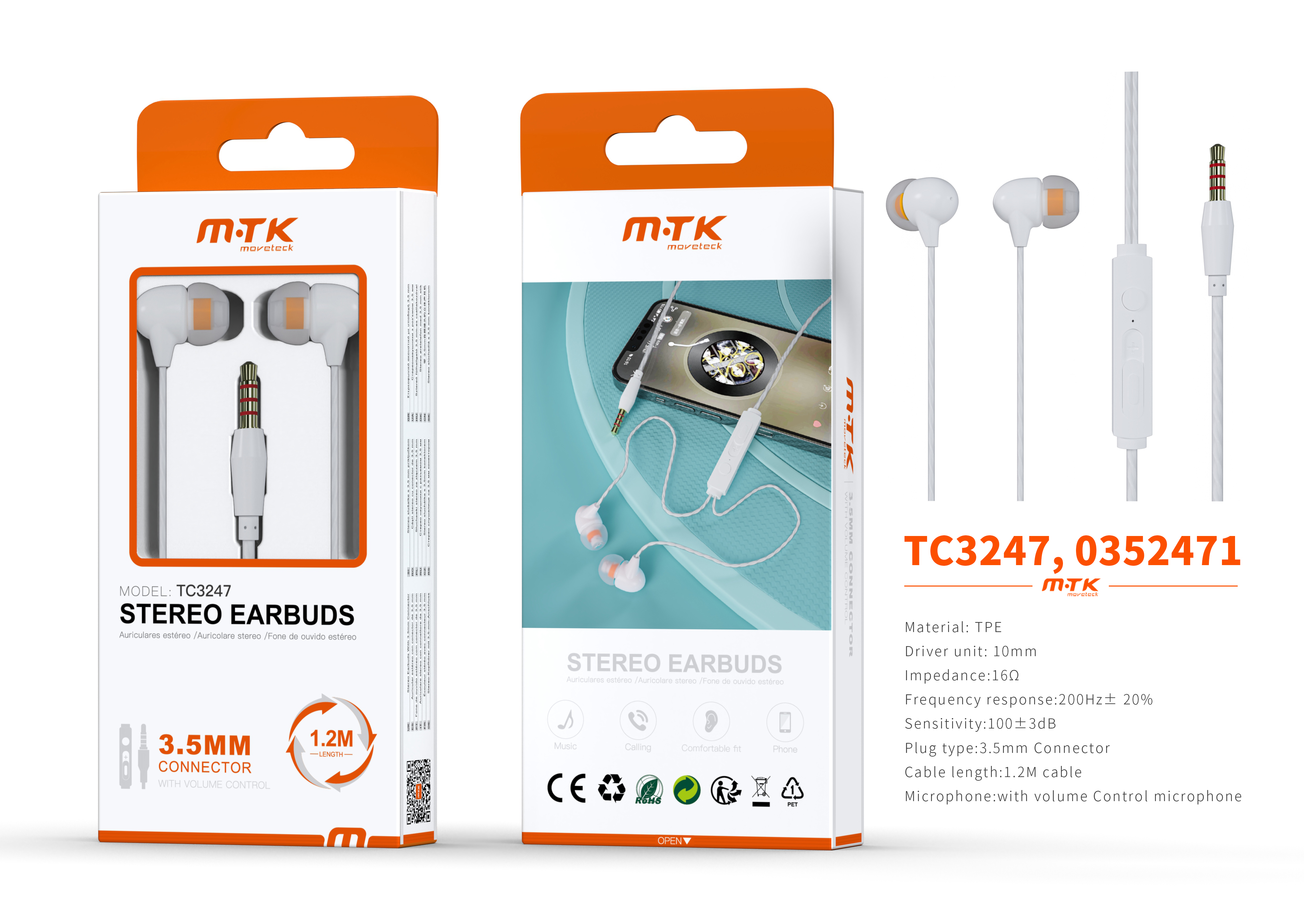 TC3247 BL luxury Auricular Otis con Microfono y  Control de Volumen, Soporta llamada y Musica, Cable 1.2m, Blanco