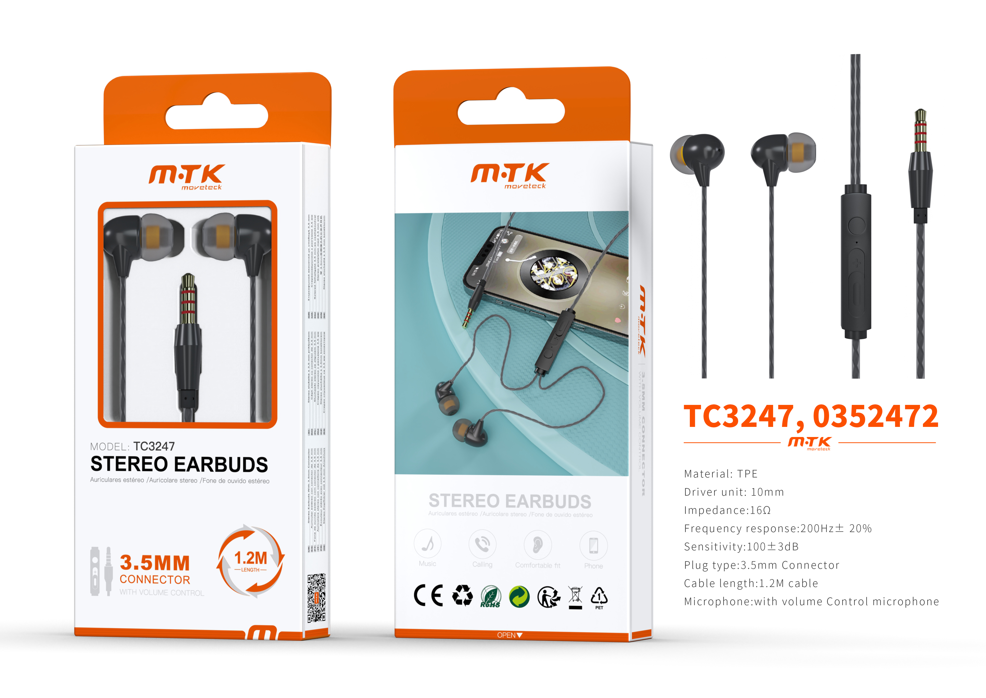 TC3247 NE luxury Auricular Otis con Microfono y  Control de Volumen, Soporta llamada y Musica, Cable 1.2m, Negro