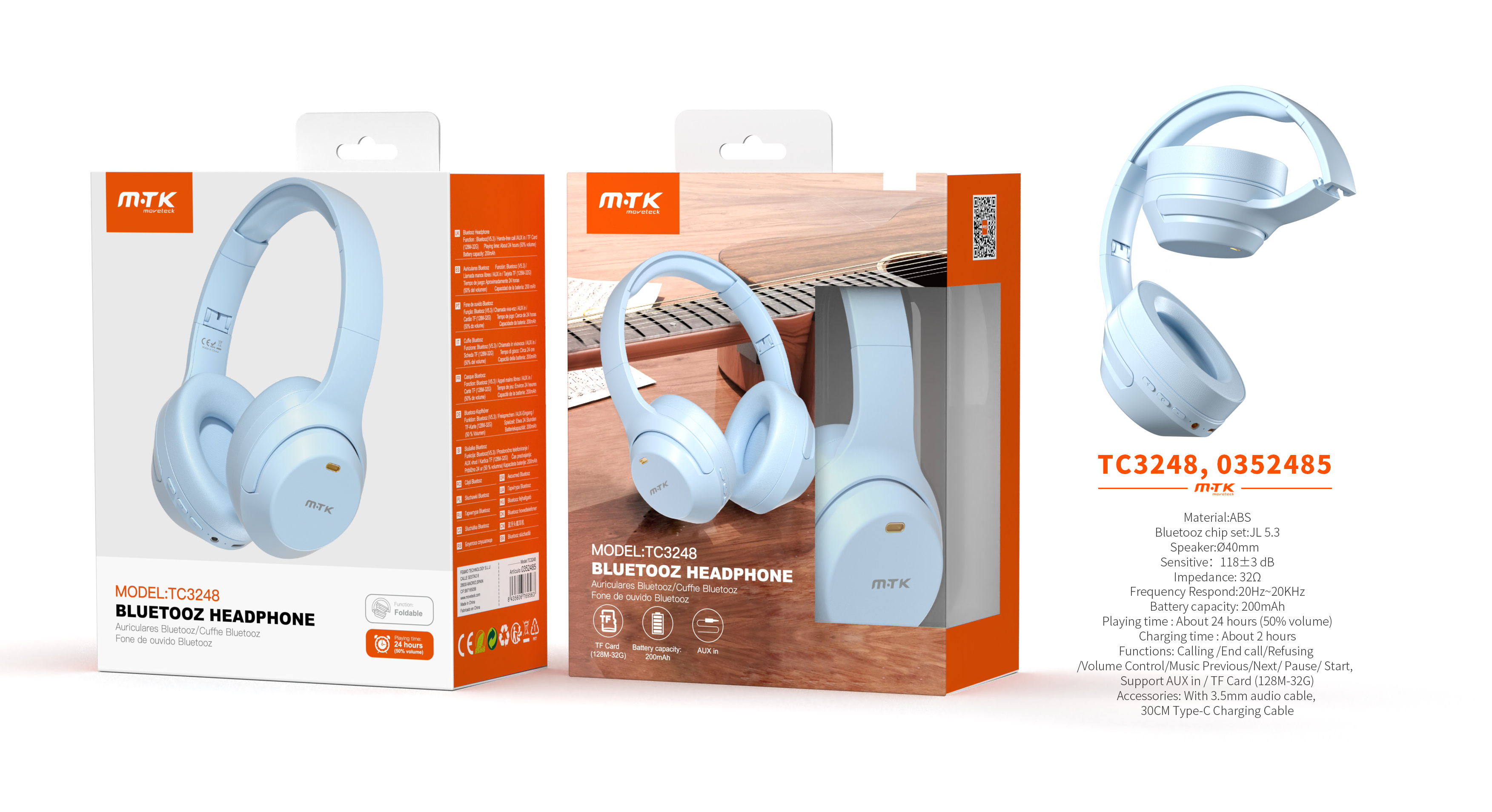 TC3248 AZ Auriculares Casco Bluetooth 5.3 Plegable con microfono y Botones Multifunciones, Soporta A