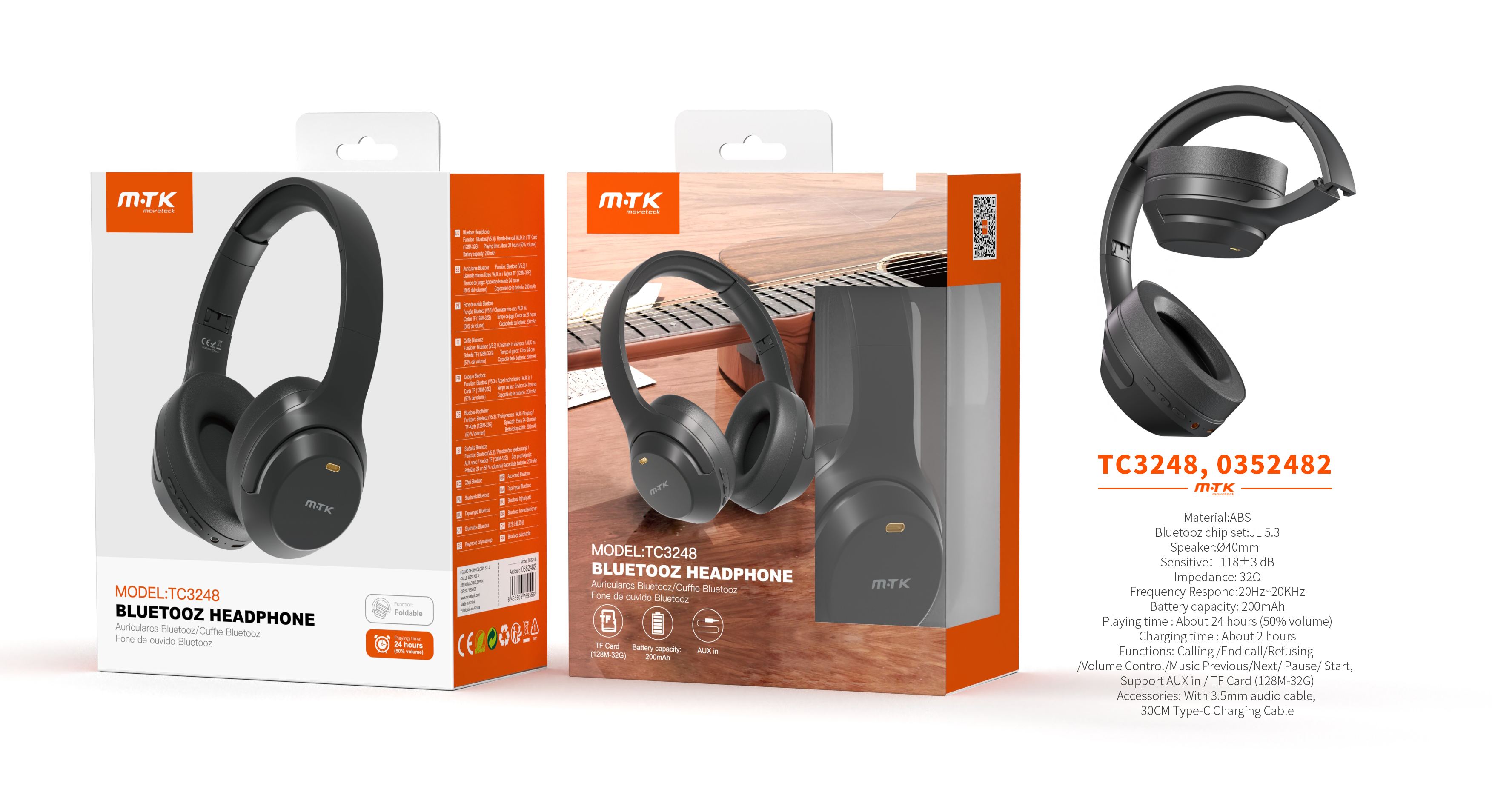 TC3248 NE Auriculares Casco Bluetooth 5.3 Plegable con microfono y Botones Multifunciones, Soporta A